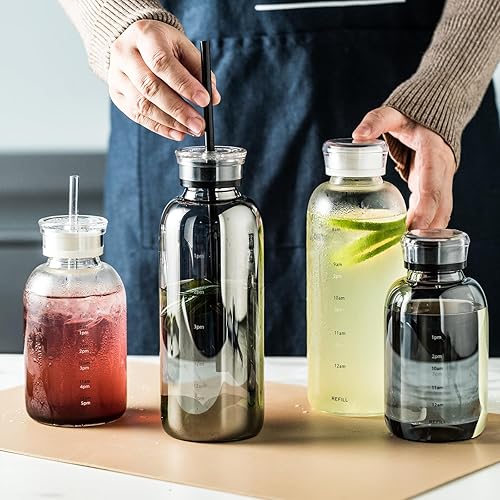 Miniatura 8 de DNIENKGE Botella de agua de vidrio con marcador de tiempo, 15 onzas con 2 tapas y pajita, botellas de vidrio reutilizables, adecuadas para bebidas,