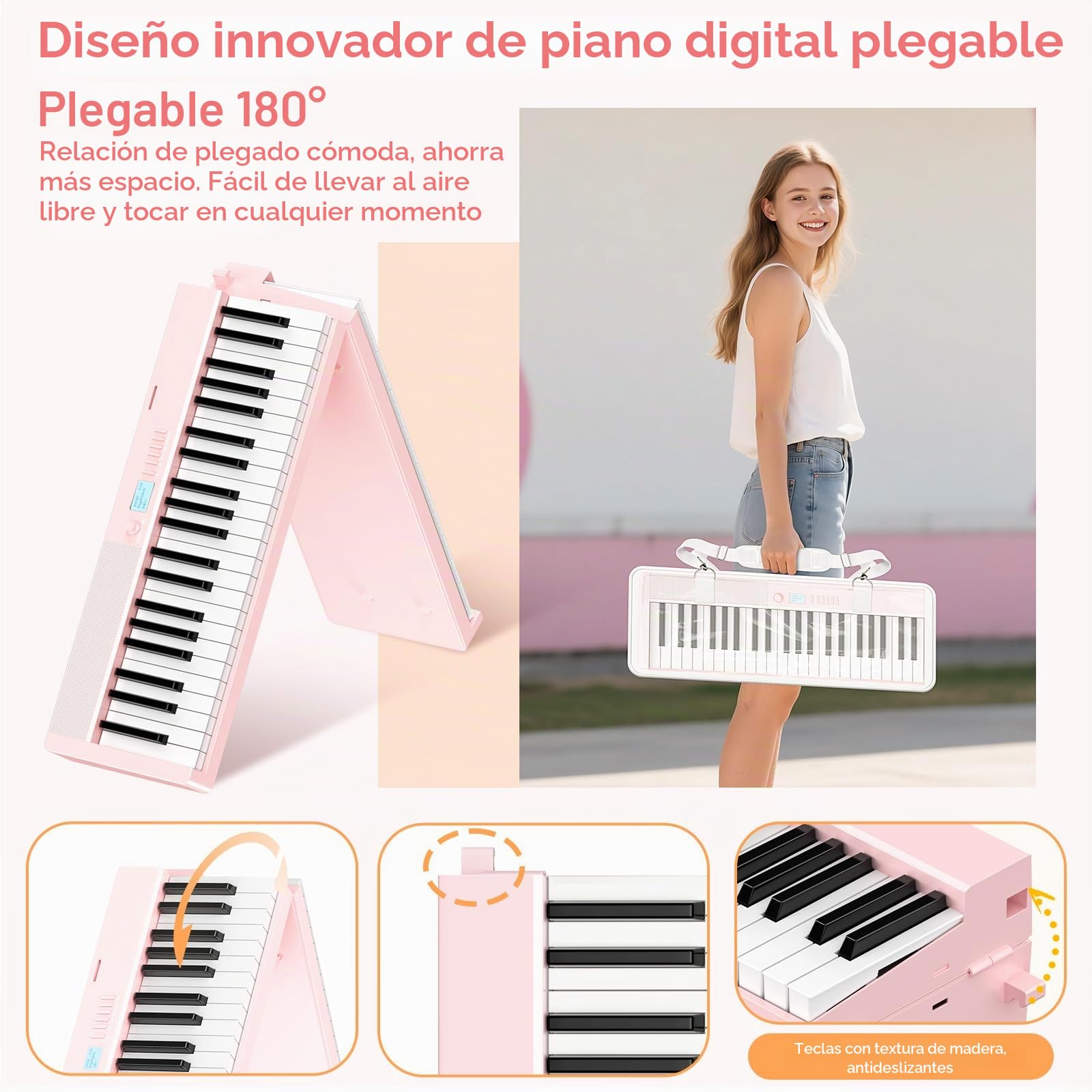 TERENCE Piano digital para adultos, instrumento musical con 88 teclas ponderadas, batería de 1800 mAh, 2 altavoces de 25 W, piano plegable, portátil, compatible con Bluetooth e interfaces MIDI,Rosa