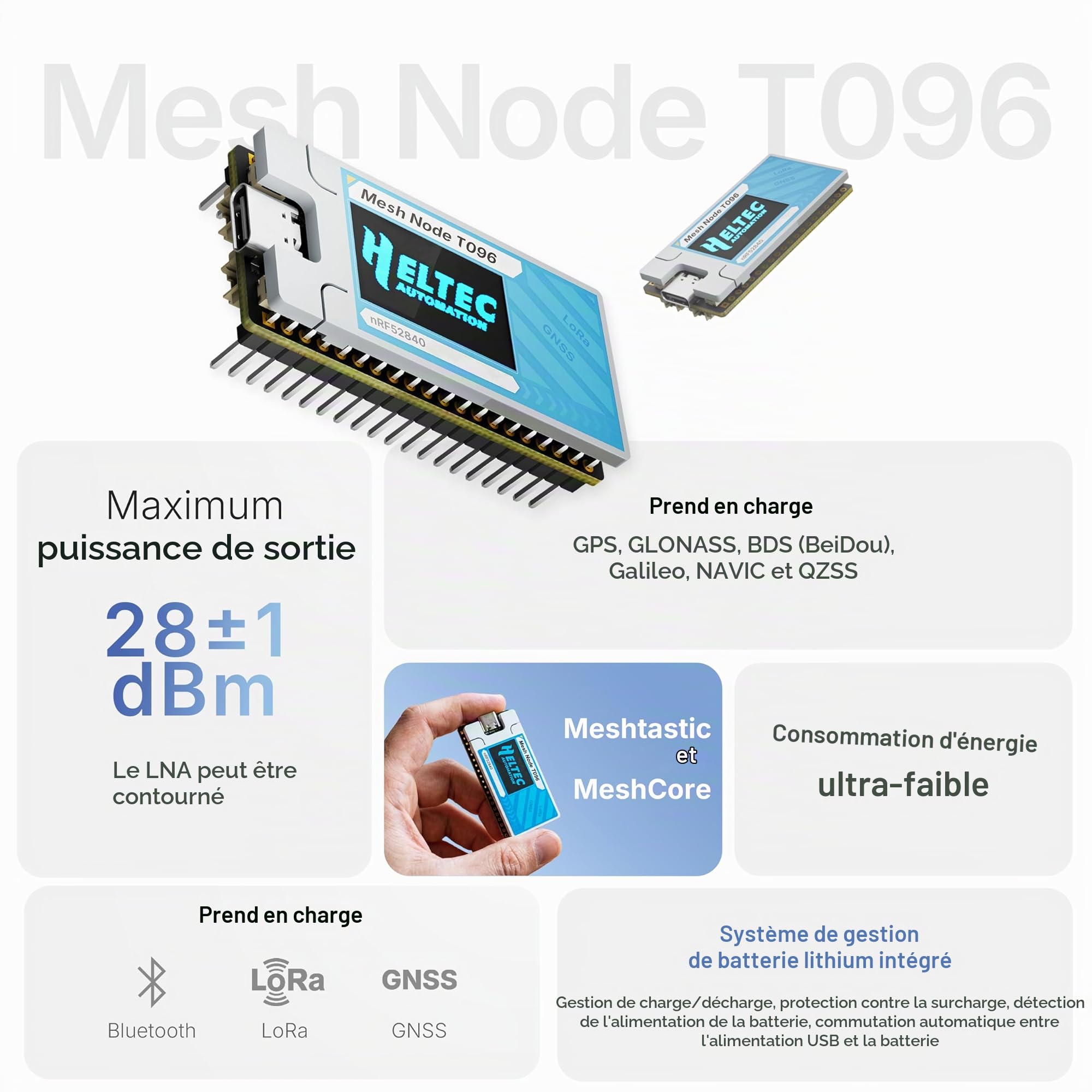 Heltec T096 Meshtastic Mesh Node, nRF52840 SX1262 LoRa Carte de développement GNSS double bande pour le suivi des actifs hors réseau, 13µA ultra faible consommation compatible avec Meshtastic
