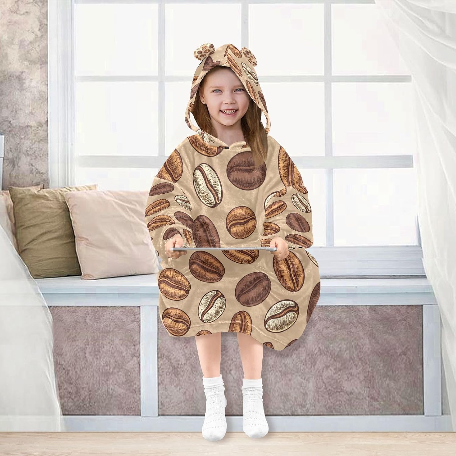 Kigai Coffee Bean Wearable Blanket Hoodie for Kids Oversized Hooded Blanket Warm & Cozy Sweatshirt with Pockets