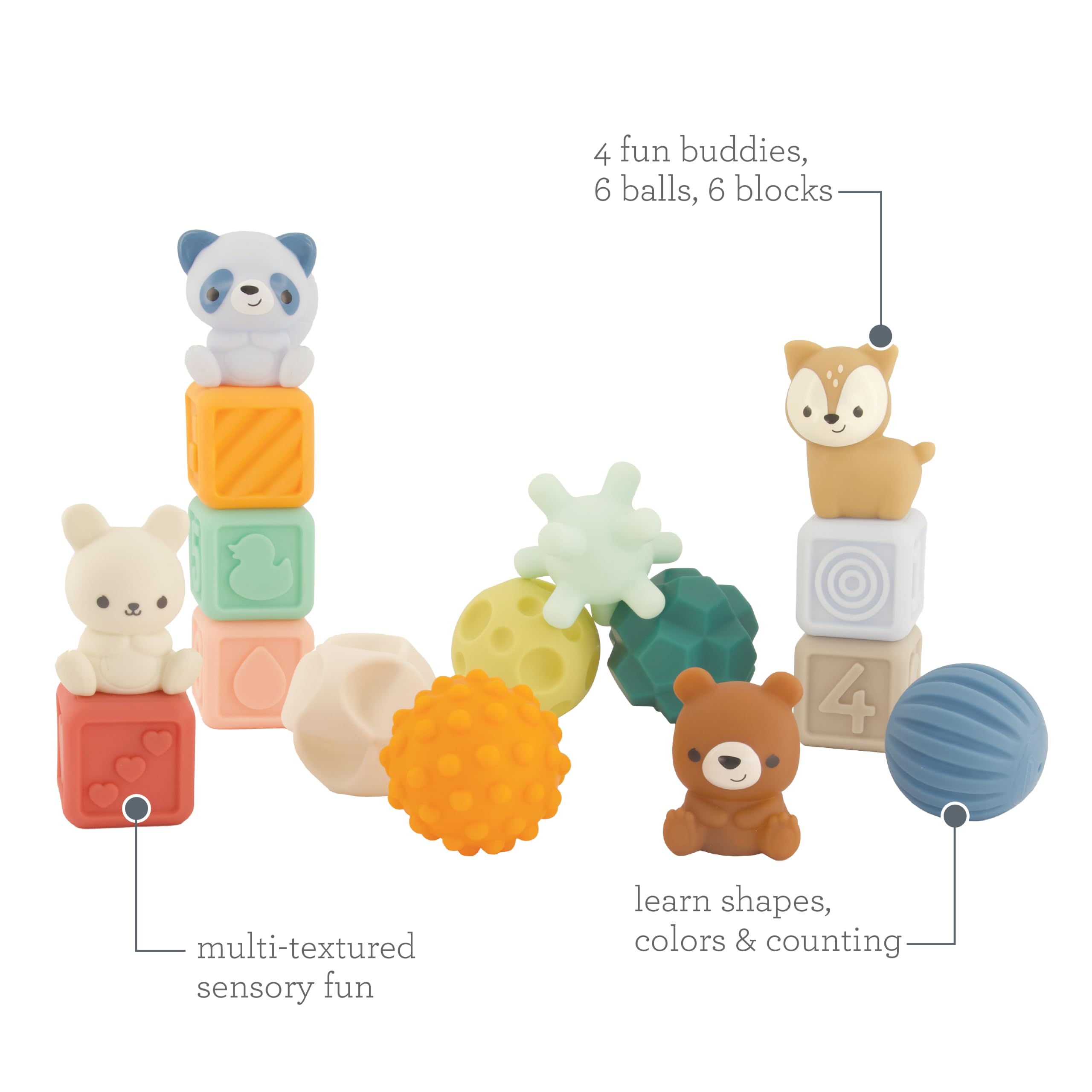 Infantino Woodland Pelotas, Bloques y Amigos, Set Sensorial para Bebés de 16 Piezas, Bloques Apilables Suaves con Figuras de Animales, Pelotas Sensoriales Texturizadas para Bebés de 6 a 18 Meses