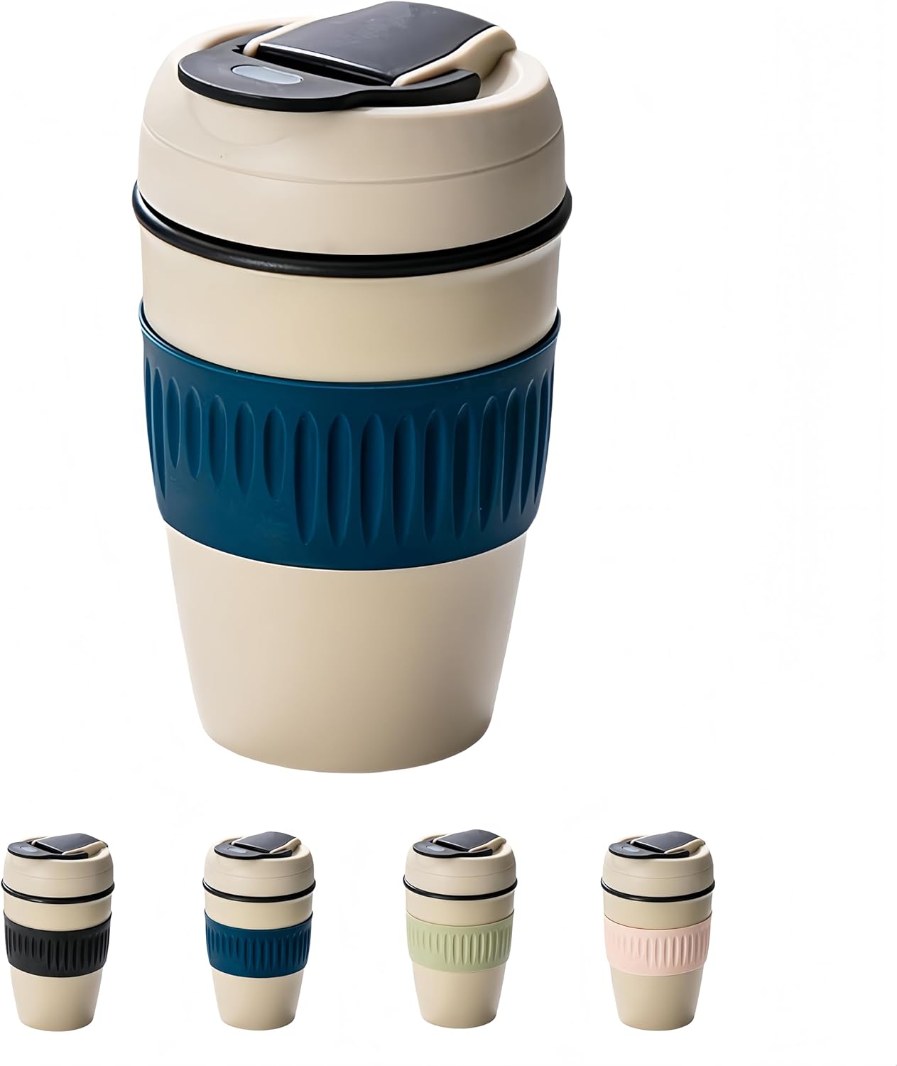 HOORMED 12oz Portable Vacuum Insulated Coffee Mug with Ceramic Inner, for Coffee, Flower Tea, Milk & Juice, Dual - Drinking, Leak - Proof (Blue)