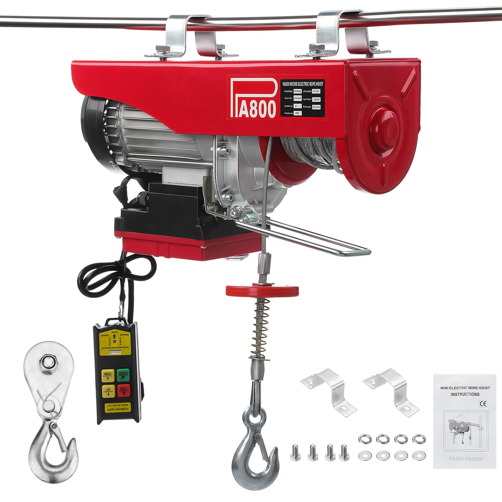 Paranco elettrico da 400 kg fino a 800 kg con interruttore di emergenza, 220 V, altezza di sollevamento: 12 m, verricello motore per officina, garage, magazzino e cantiere, incluso