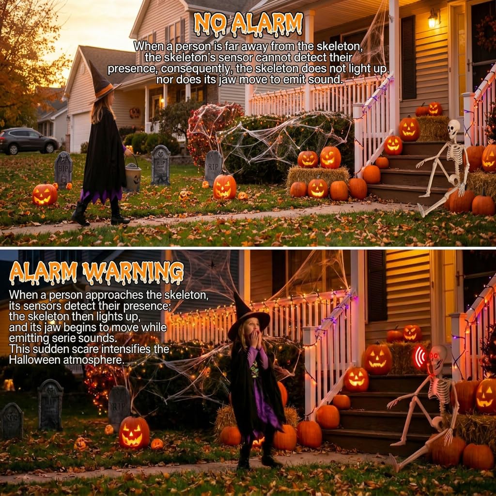HBSTK 165 cm Pose-N-Stay Halloween scheletro a grandezza naturale Pose-N-Stay Jonint mobili mobili mobili con ragnatela elastica da 200 mq e 50 piccoli ragni finti per decorazioni di Halloween
