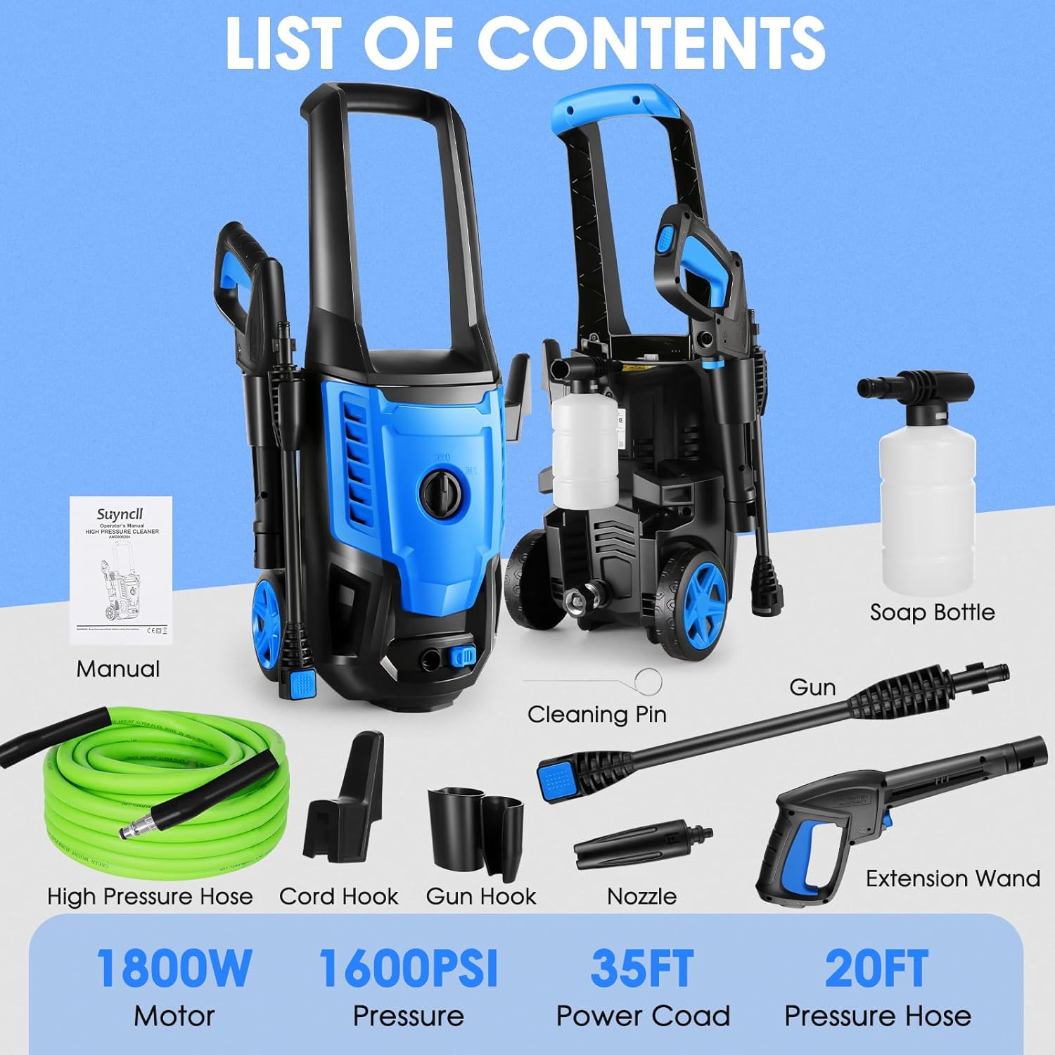 𝐒𝐮𝐲𝐧𝐜𝐥𝐥 𝐄𝐥𝐞𝐜𝐭𝐫𝐢𝐜 𝐏𝐫𝐞𝐬𝐬𝐮𝐫𝐞 𝐖𝐚𝐬𝐡𝐞𝐫, 𝟐.5𝐆𝐏𝐌 18𝟎𝟎𝐖 High Power Washer with 4 Nozzles, Soap Bottle for Cleaning Car/Driveway/Patio (Blue), SY529285