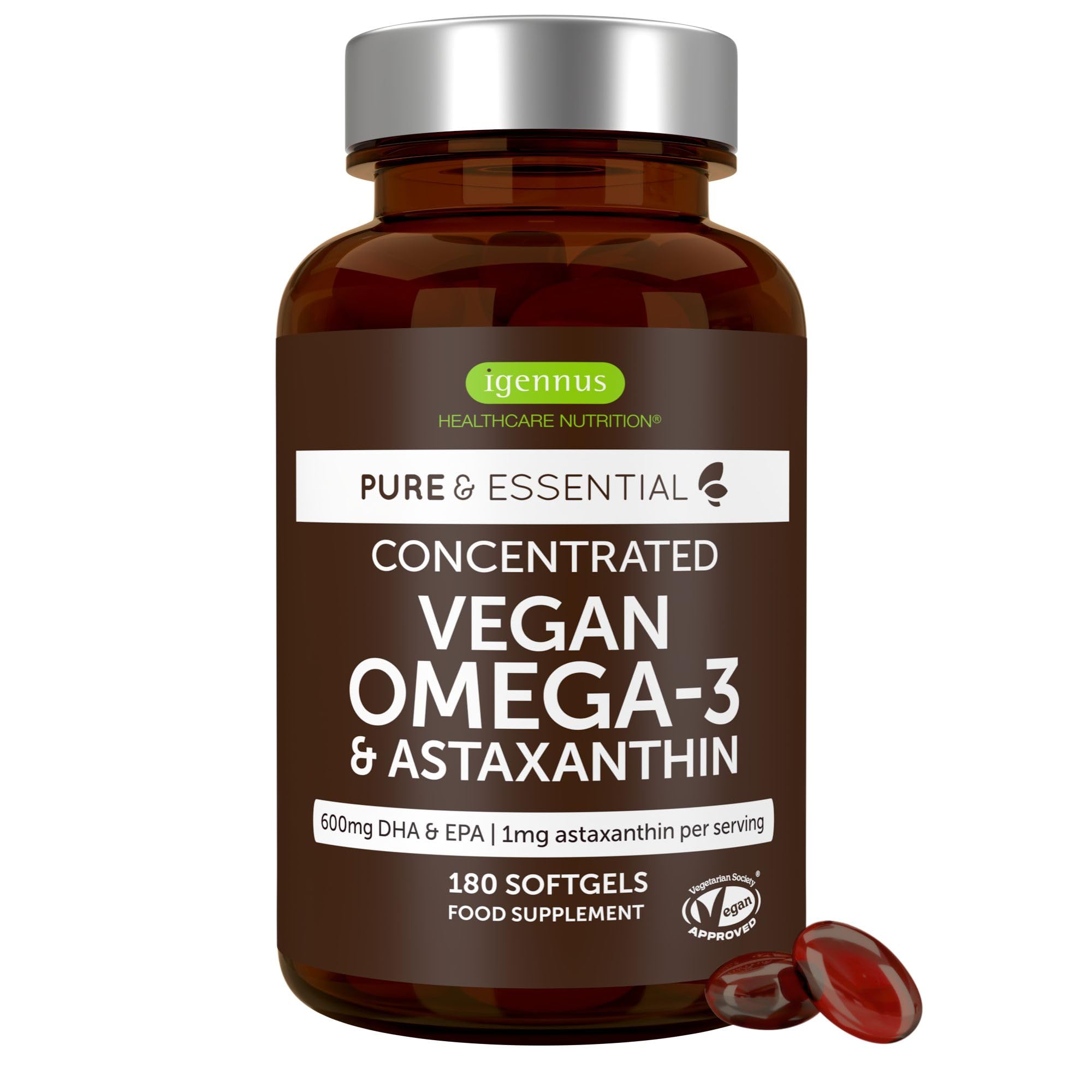 Igennus Hochwertigstes Omega-3 Algenöl 1344mg & Astaxanthin, 600mg DHA EPA | 180 Weichkapseln, Triglyceridform, aus Mikroalgen, rein & nachhaltig, frei von Umweltgiften