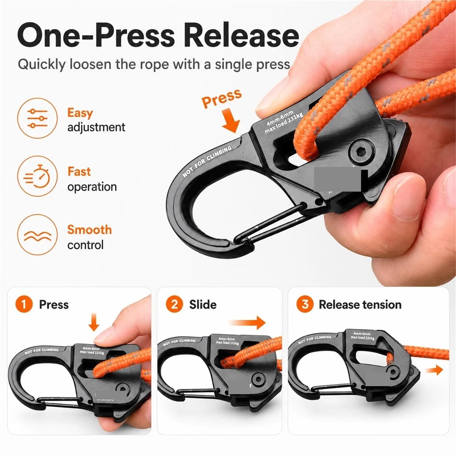 Tendeur de corde tente en alliage d'aluminium, ajusteur charge solide 8M, boucle cordon coupe-vent Portable, accessoire Camping/randonnée/bâche pour le camping(XL 8mm-8M Rope OR)