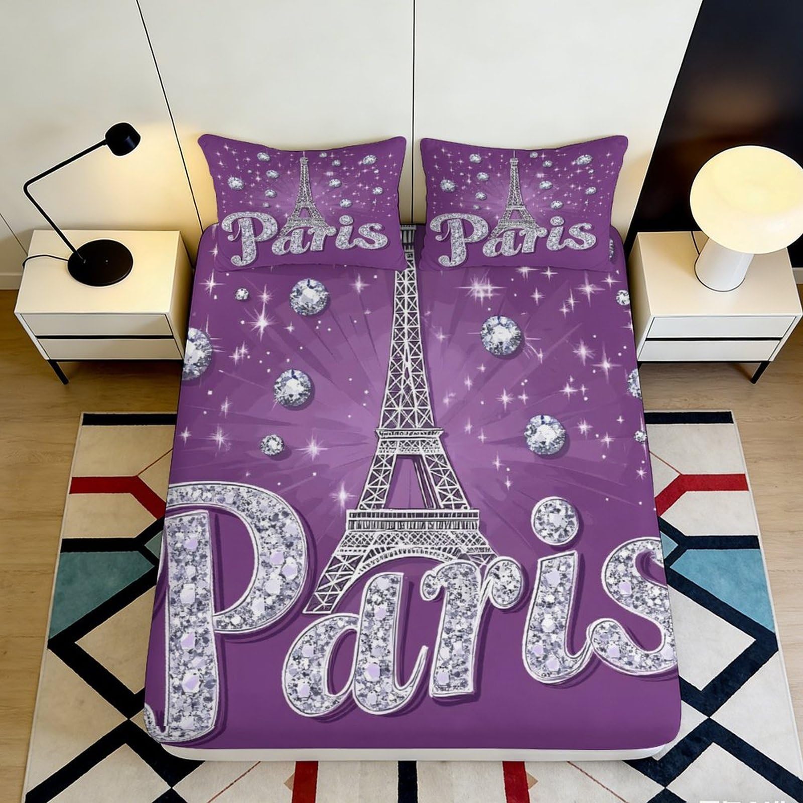 3D Printed Purple Paris Fitted Sheet Microfiber Soft Durable Decorative Eiffel Tower Bed Sheet Mattress Cover for Bedroom Dormitory Guest Room 140x200x25cm