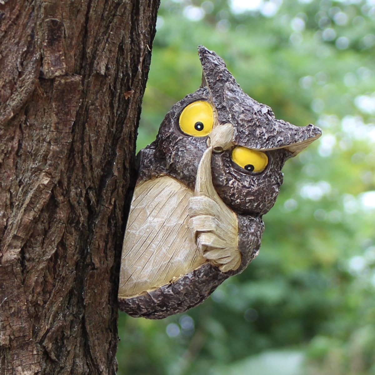 JARPSIRY Owl Tree Hugger, Funny Keep Quiet Owl Statue Outdoor Tree Face Decor, Resin Tree Sculpture Garden Peeker Yard Art Ornaments, Housewarming Gift