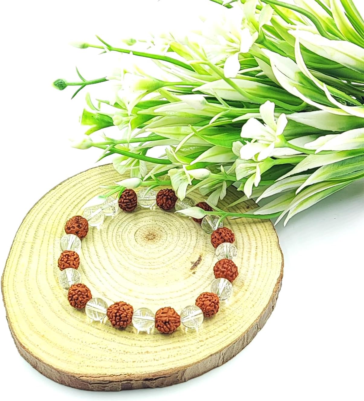 Rudraksha Sphatik Mala & Bracelet Set, 5 Face Panchmukhi Rudraksh & Rosary Crystal Sphatik 108 Beaded Mala & Bracelet for Meditation, Jaap & Daily Wear – Bead Size 8 mm (Pack of 2) - Image 4