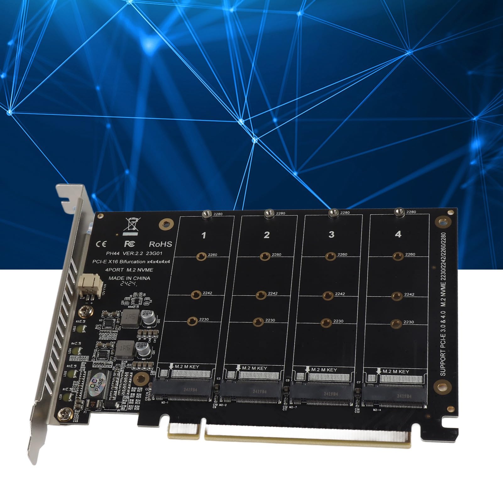 4-portowa Karta Rozszerzeń Kontrolera Hosta NVMe do PCI-e, Adapter M.2 NVME do PCIe X16, Karta Rozszerzenia Czytnika Dysków Twardych z Kluczem M(ph44)