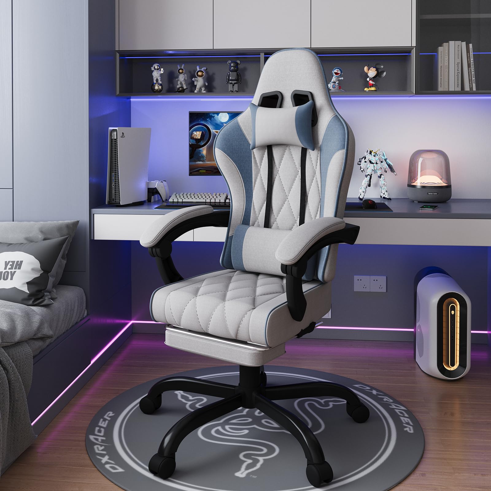 JUMMICO Sedia gaming in tessuto con imbottitura a molla, Sedie ufficio ergonomica con massaggiatore, sedia da gaming con poggiatesta, poggiapiedi, regolabile in altezza, portata 150 kg, Grigio & Blu