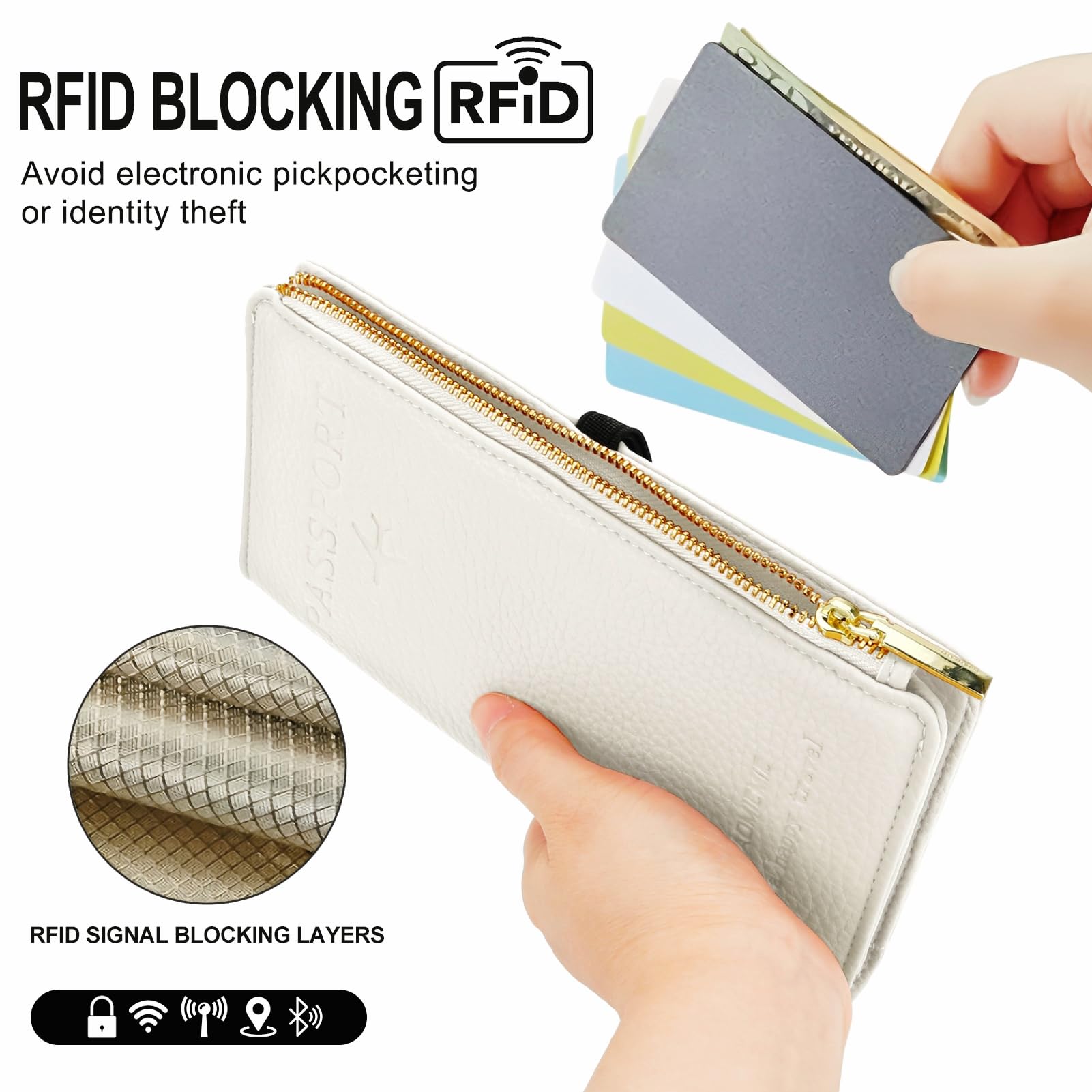 DOB SECHS Cartera de cuero para pasaporte, funda para pasaporte RFID, funda para tarjetas de crédito para mujer, bolsa organizadora de accesorios de viaje con ventana de identificación, bolsillo con