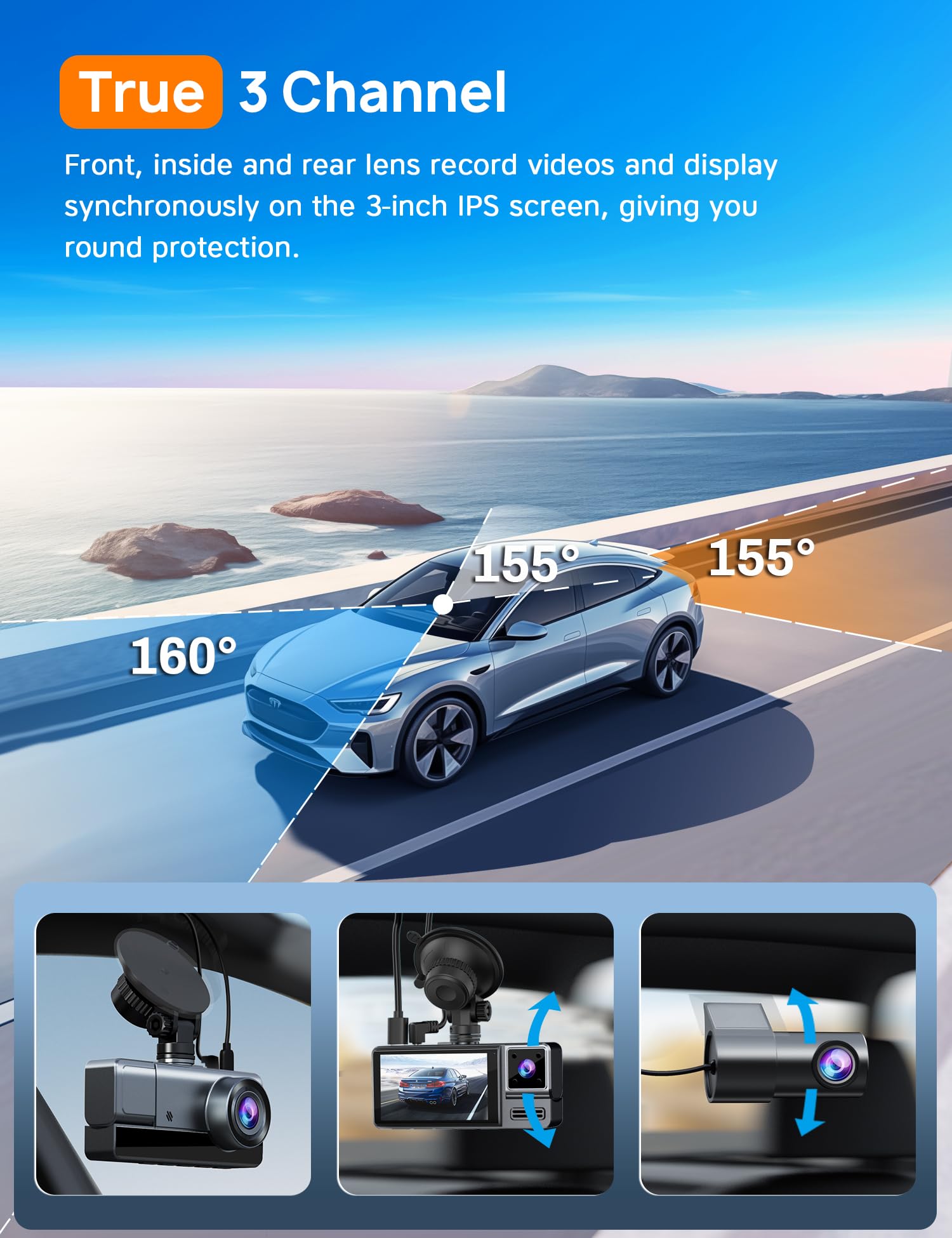 Icesky Three Channel Dash Cam Front and Rear Inside with WiFi 6, Triple Way 2.5K, 4K+2.5K Dual Dash Camera for Cars Front and Rear/Inside, Car Dashcams with 64GB Card, 24H Parking Mode, App Control