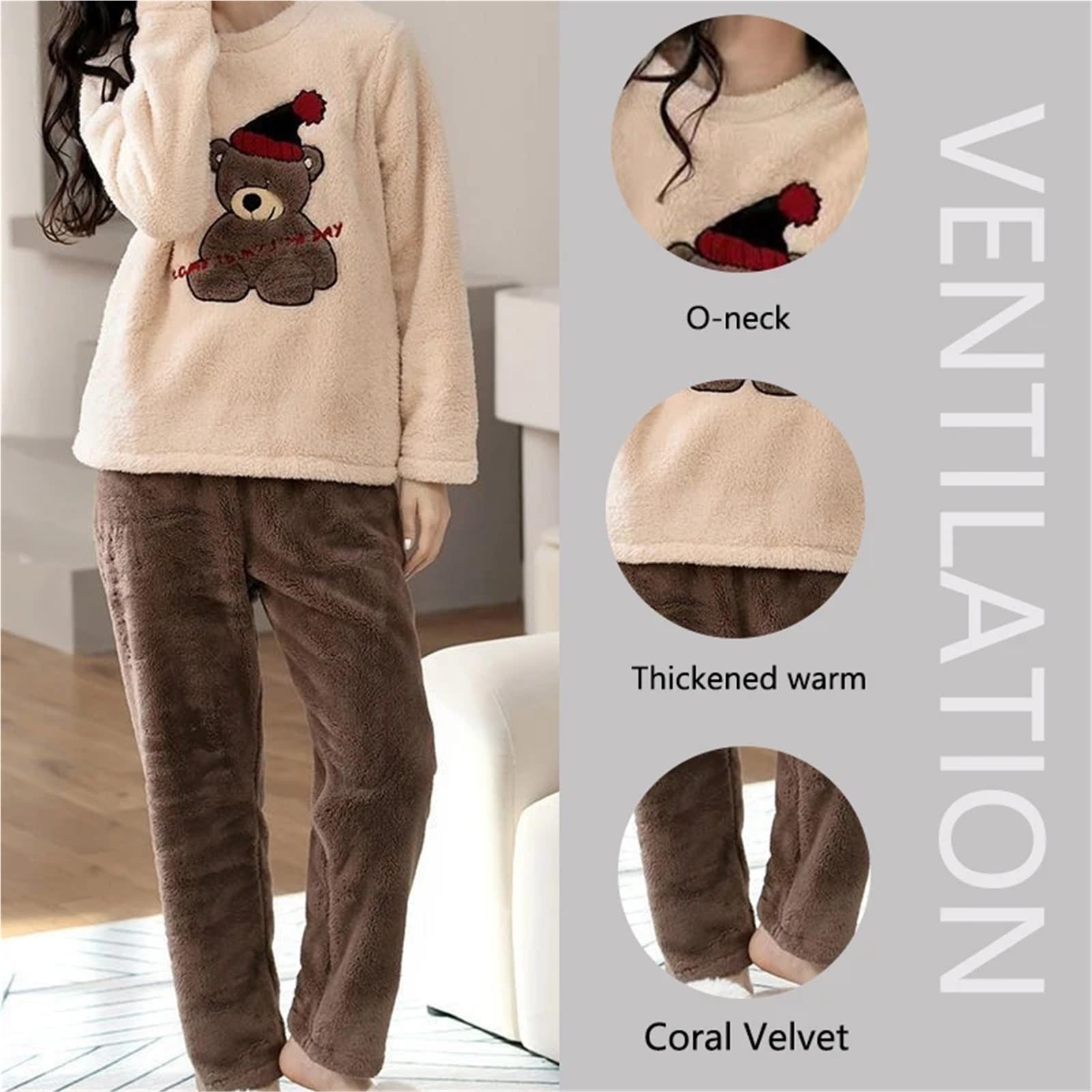 2pcs/Set Large Size Padded Thickened Warm Fall and Winter Women's Pajamas – Long-Sleeved, Long Pants Set, Coral Velvet(XL(60-70kg))