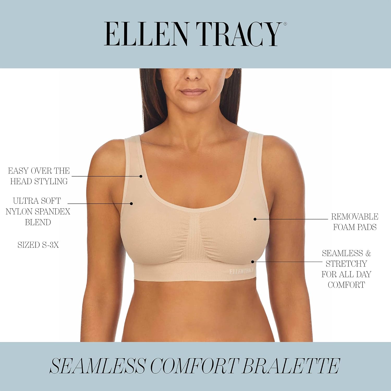 ELLEN TRACY Women's Underwear, Seamless Wirefree Bra, Bralette with Removable Pads, 2-Pack Multipack - Image 4
