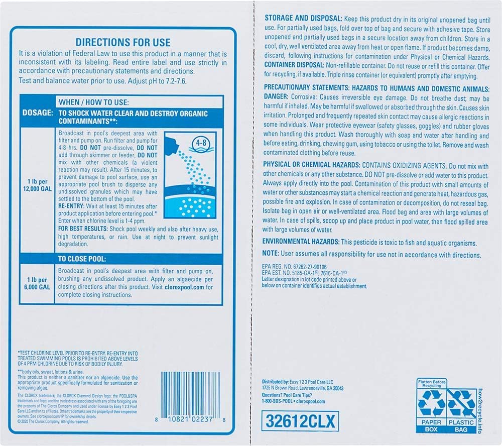 Clorox® Pool&Spa™ Shock Plus, for Crystal Clear Swimming Pool Water, Swim-ready in 15 minutes, Suitable for vinyl pools 12 Count (Pack of 1)