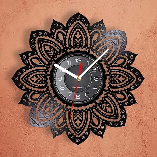 Miniatura 6 de Reloj de pared de disco de vinilo con forma de loto de mandala de 12 pulgadas, diseño moderno de flor, silencioso, de cuarzo, sin tictac, reloj de