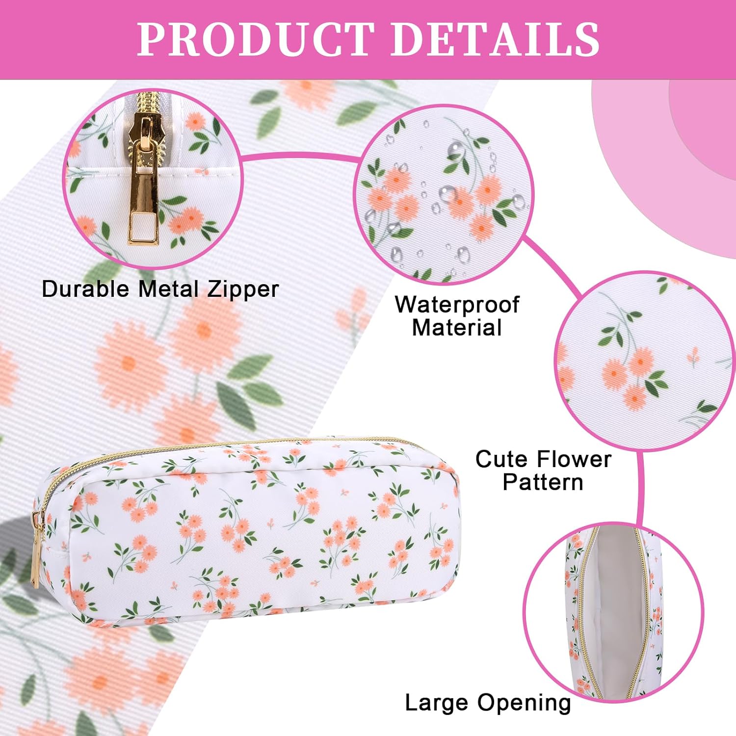 Nylon Small Makeup Bag Slim Pouch, Cute Floral Preppy Makeup Brush Bag Portable Make up Pouch with Zipper, Waterproof Travel Toiletry Bag Coin Purse Storage Organizer for Women Girls(Pink Flower) - Image 3