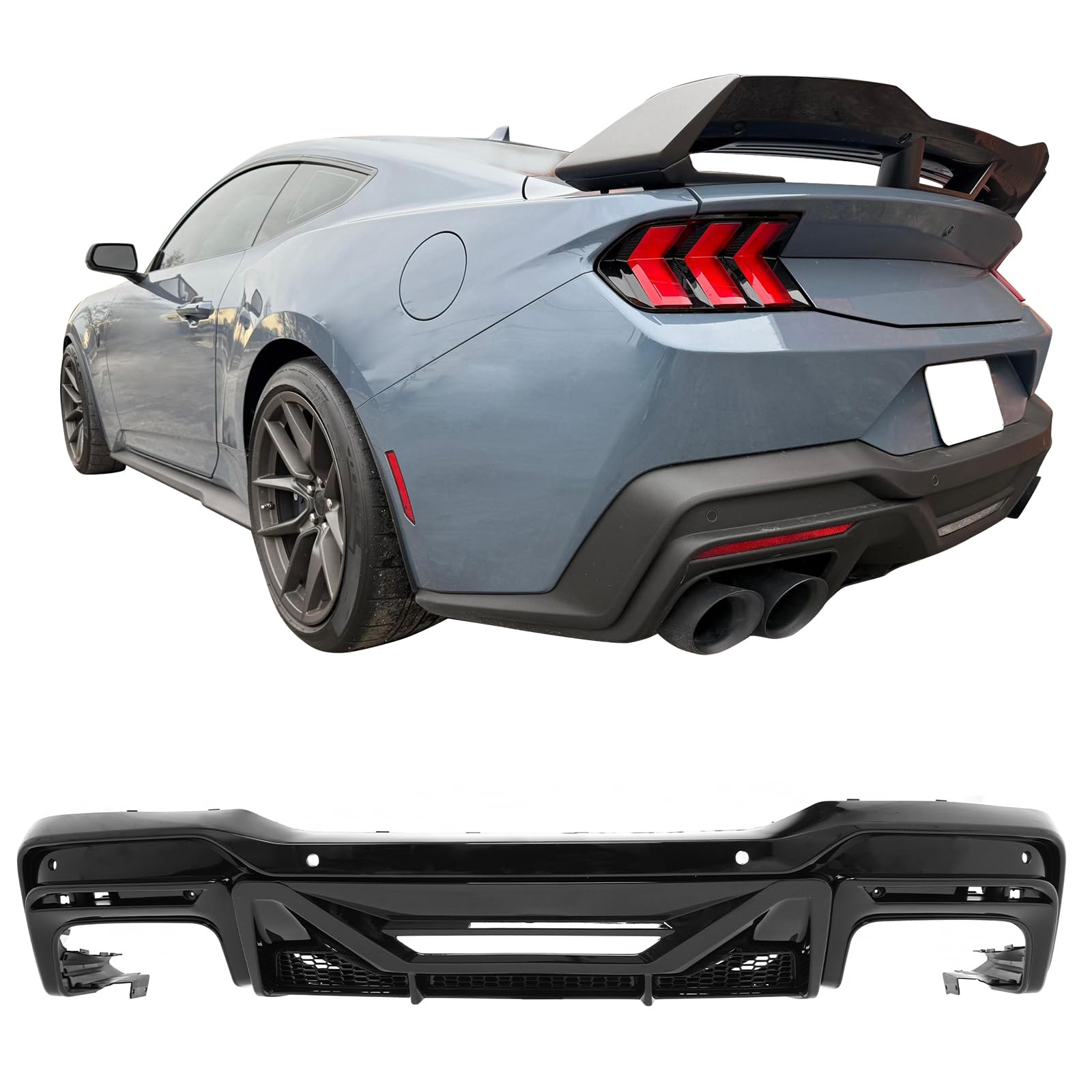 IKON MOTORSPORTS Rear Diffuser, Compatible with 2024-2026 Ford Mustang Dark Horse, Factory Style Gloss Black PP Polypropylene Shark Fin Rear Bumper Valance Spoiler, Air Dam Chin Splitter Molding 1PC
