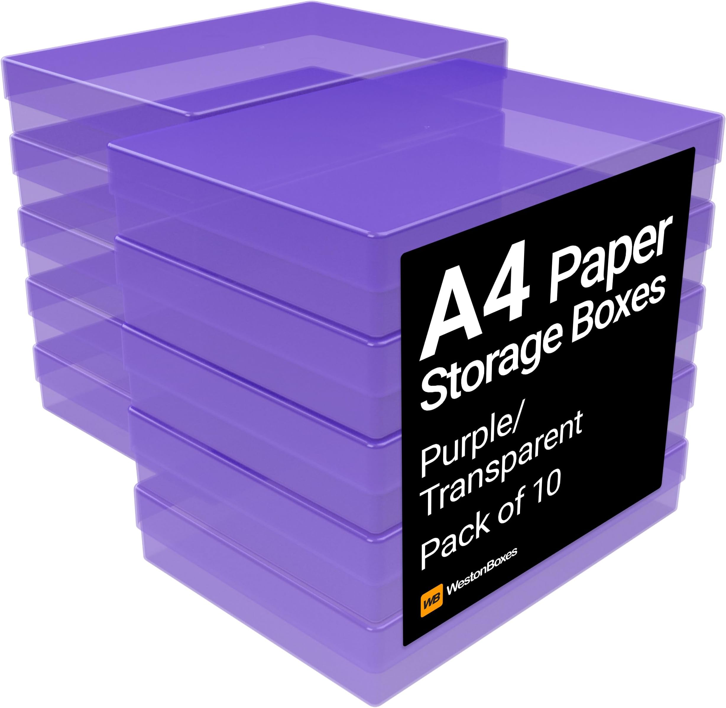 WestonBoxes A4 Colourful Transparent Plastic Craft Storage Boxes with Lids for Art Supplies, Paper and Card (Purple/Transparent, Pack of 10)