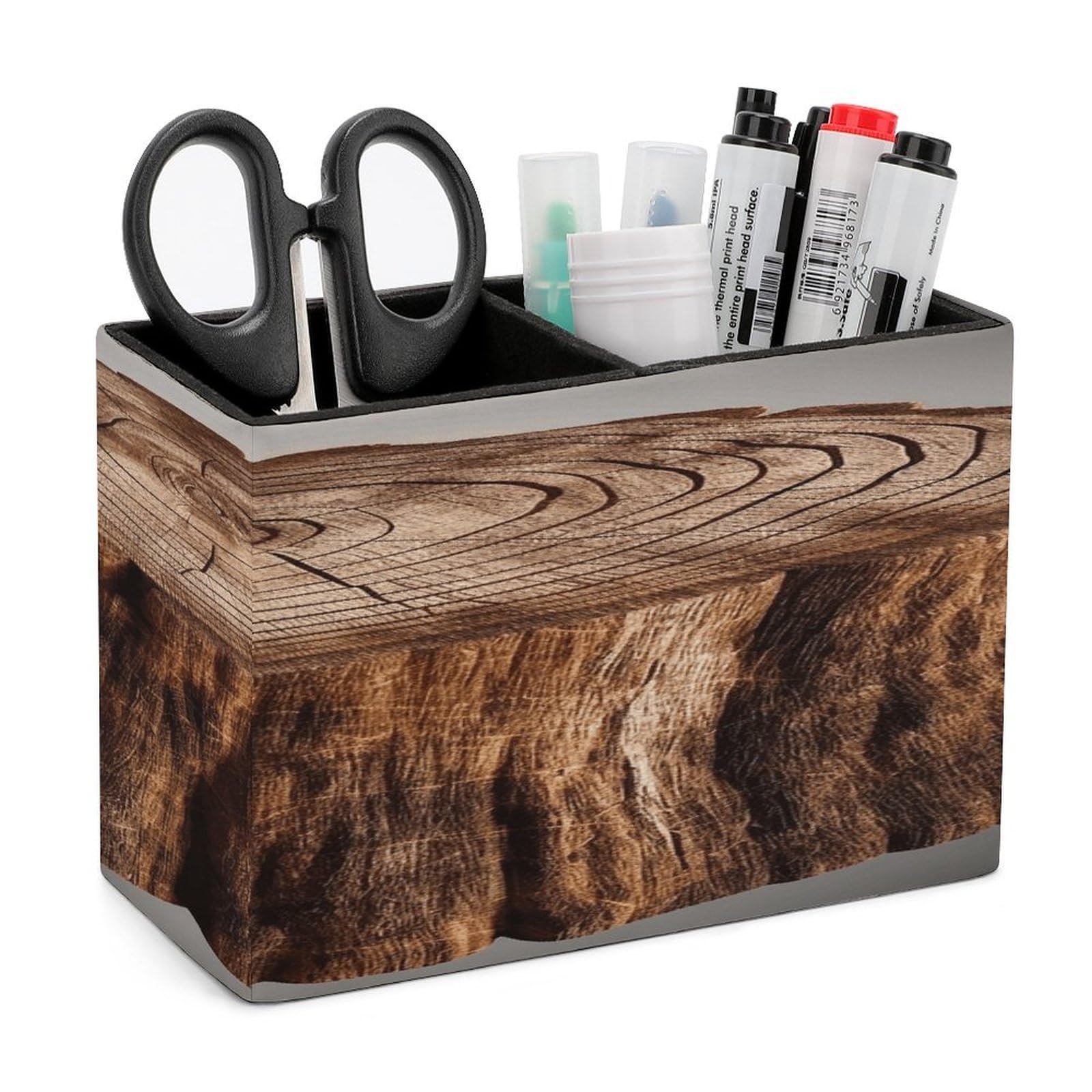 VstaDank Stump of Oak Tree Pen Holder Double Compartments Pen Cup Fashion Makeup Brush Holders Leather Pencil Holder for Work Locker Accessories Modern Pencil Cup for Desk Organizer