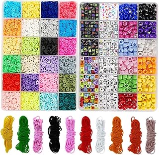 Newmind 5770 peças de contas de argila de polímero redondos planos, 6 mm, contas espaçadoras de argila de polímero com contas de letras, kit de contas de pônei e 10 cores de cordas elásticas para fabricação de joias DIY