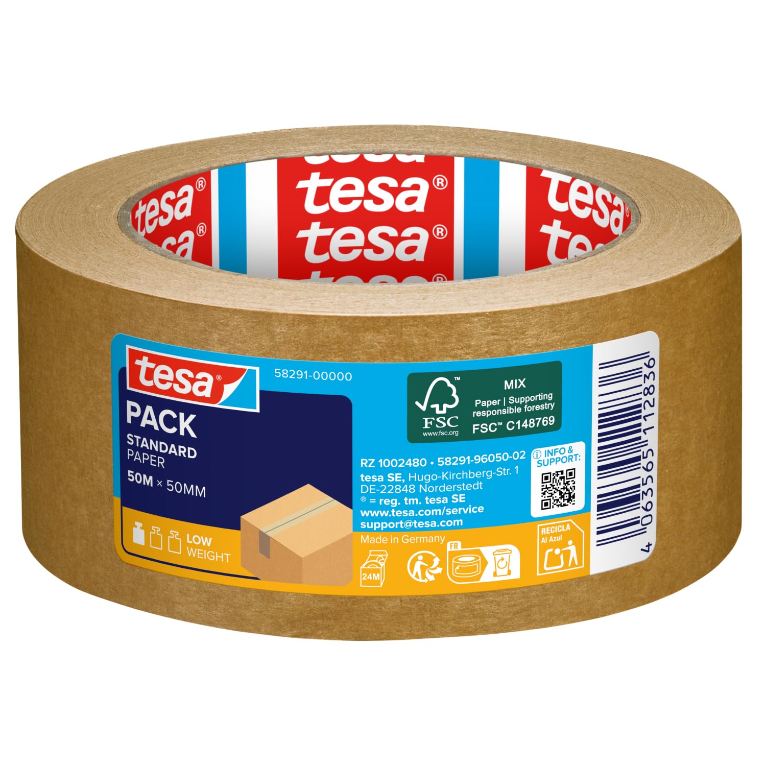 tesa pack STANDARD PAPER - Paketband aus Papier - 56% erneuerbare Mateialien - handeinreißbar - Verpackungsband für leichte Pakete - Braun - 50 m x 50 mm