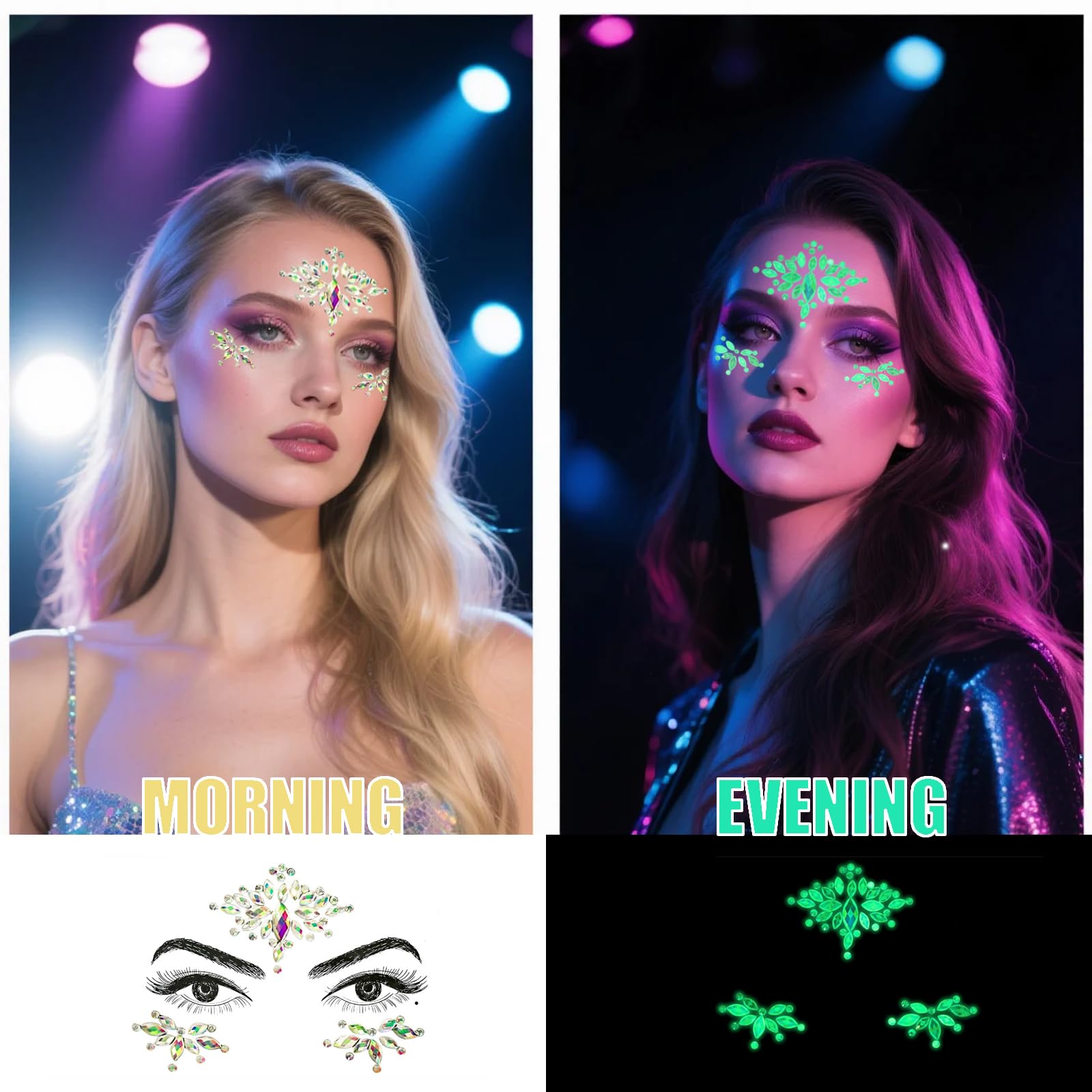 4 pack Face Gems Glow in the Dark, Face Jewels Stickers for Festivals Glitter Face Gems Stickers - Image 2