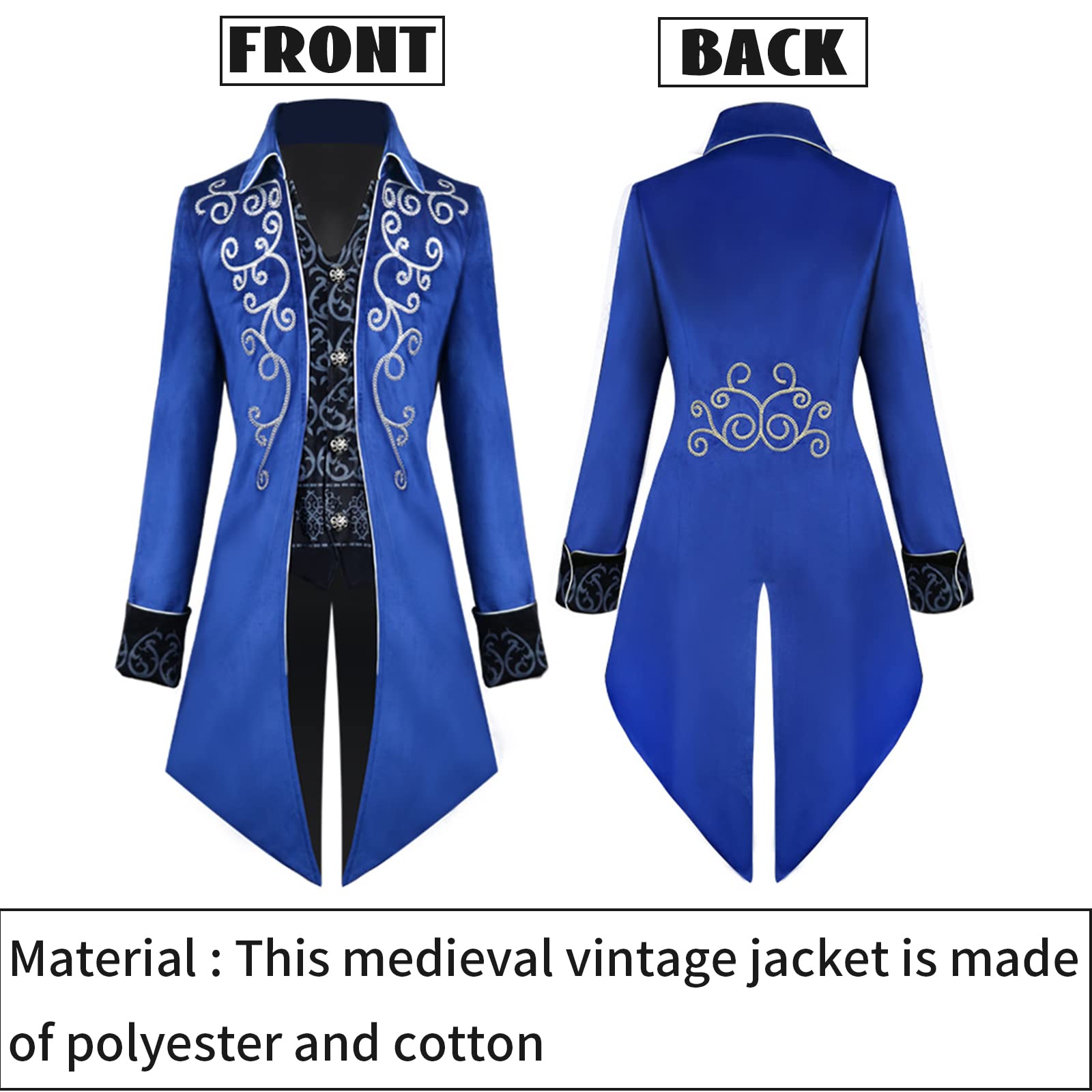 TTOKGZG Men's Medieval Steampunk Tailcoat Costumes Gothic Vintage Court Jacket for Adult (Blue, S) - Image 2