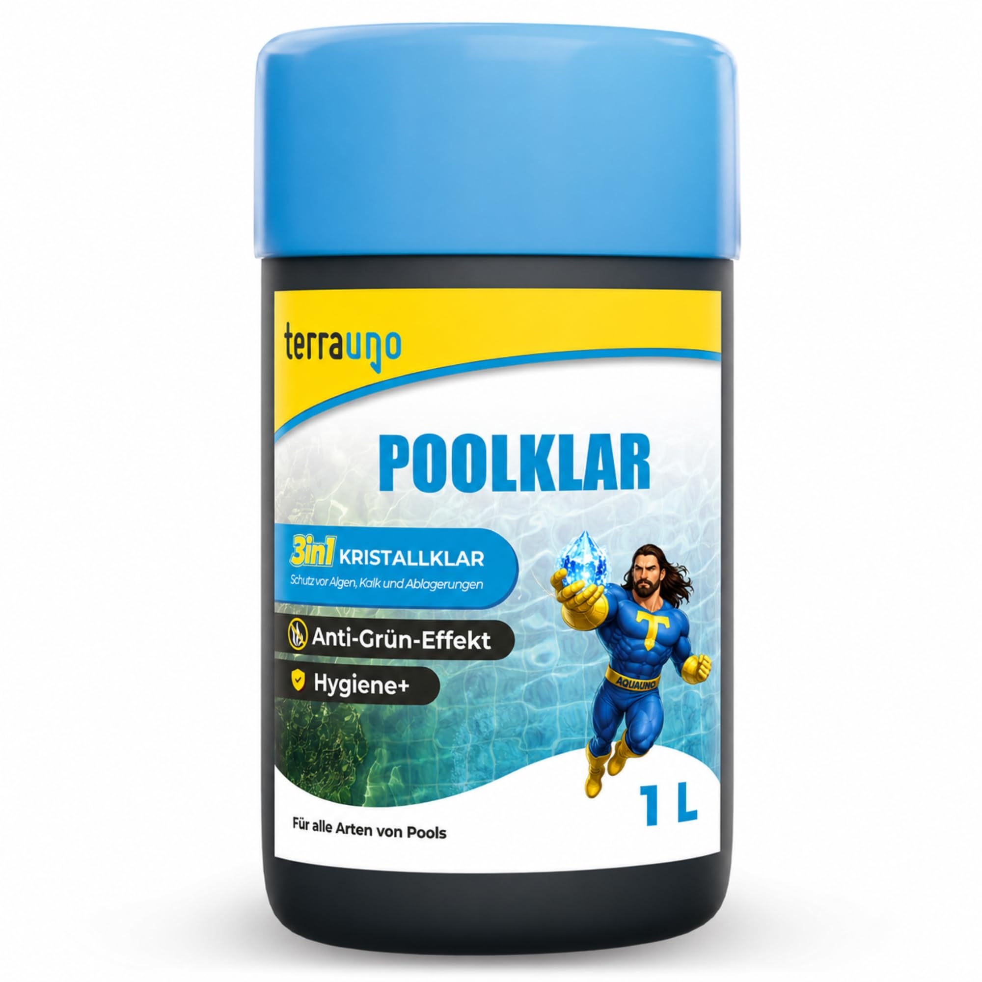 TerraUno Poolklar flüssig 1L, Pool Klarmacher 3 in 1 gegen Algen, Kalk und Ablagerungen, Kristallklar Pool gegen trübes und grünes Wasser, für Aufstellpools, Whirlpools und Planschbecken