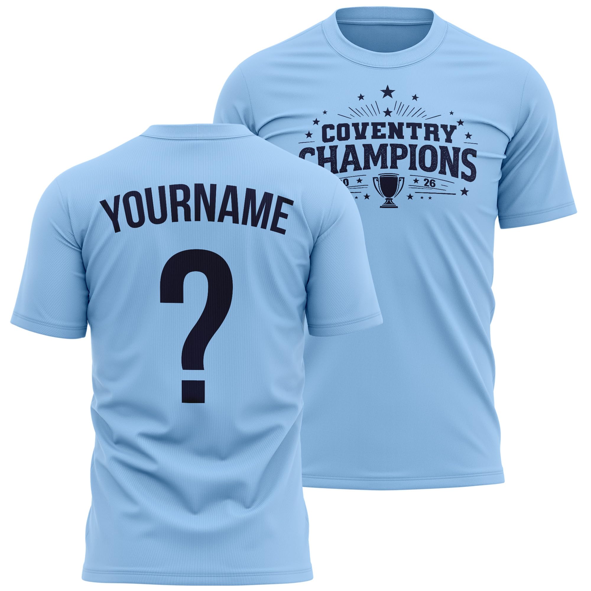 Custom Coventry Mens Football T Shirt - Name and Number Cov Champions 2026 Cup Design - Football Supporter City Fan Tee, L, Sky Blue