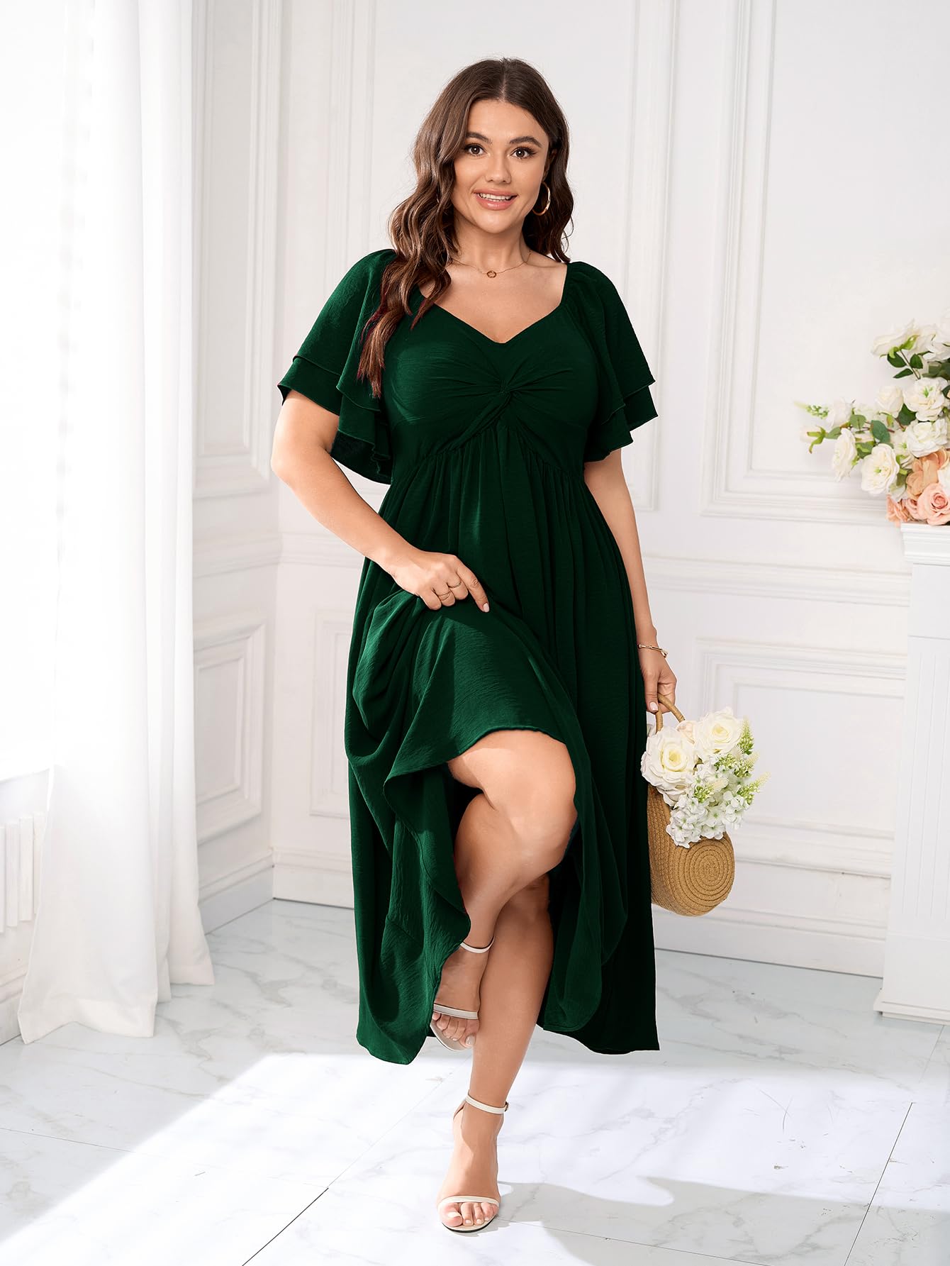 SCOMCHIC Damenkleid in Übergröße, Kleid für Hochzeitsgäste, Cocktailkleider, Sweetheart-Ausschnitt, Rüschenärmel, A-Linie, Maxikleid