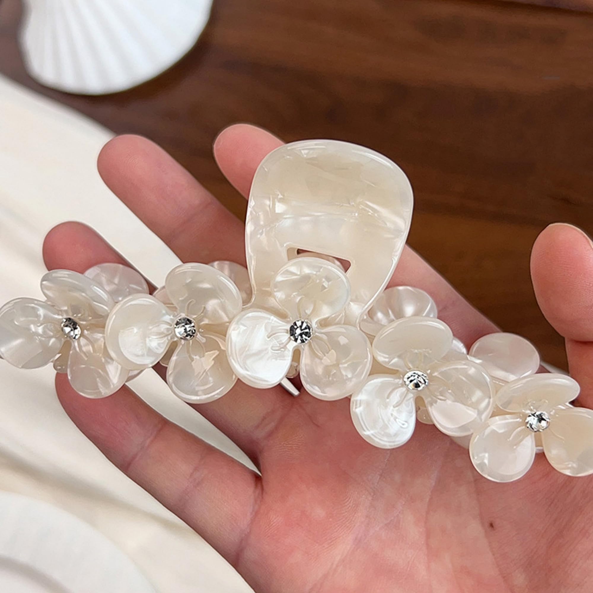 Mollette per capelli grandi da donna, fatte a mano, in acetato di cellulosa, a forma di fiore, per capelli sottili e spessi, con strass, eleganti, a forma di guscio di tartaruga