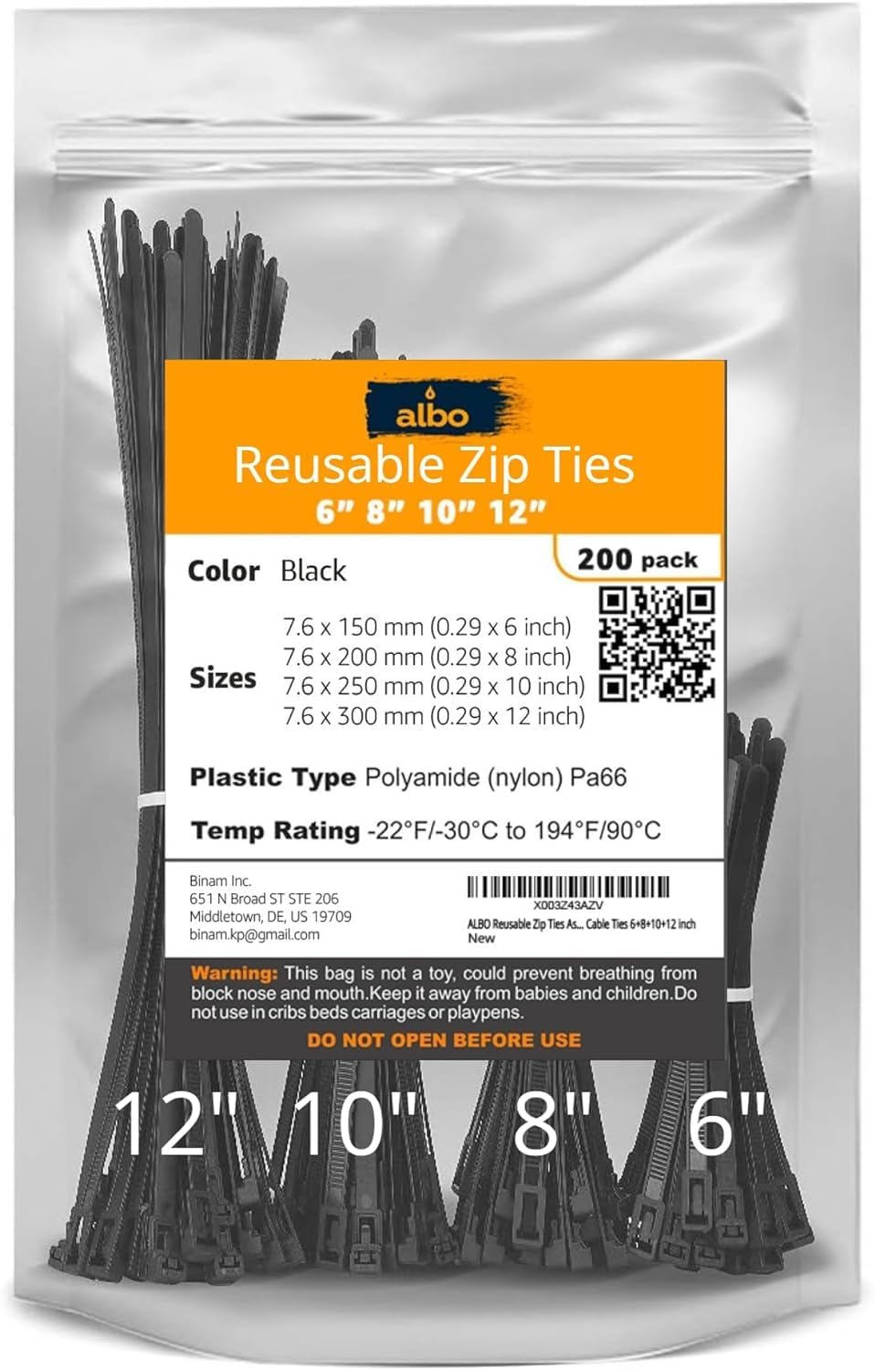 ALBO Reusable Zip Ties Assorted Sizes 200 Pcs Pack Releasable Cable