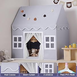 Senodeer Kids Play Tent Indoor: Mat, Tassel Garland, Star Lights - Gray Girl Tent Playhouse for Toddlers Kids Toys for Boy Girl Birthday Gift