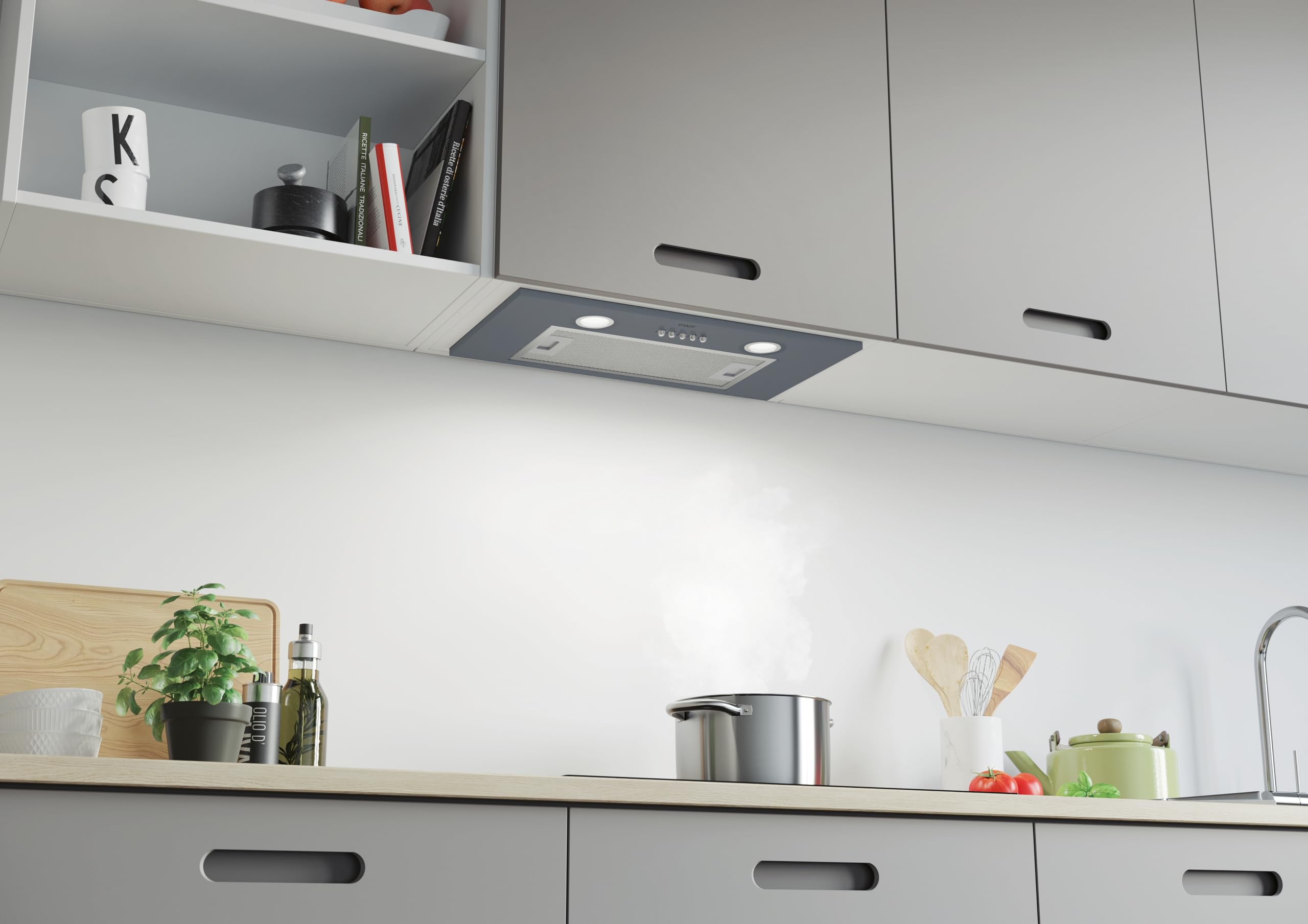 Candy Campana CBG625/1X grupo filtrante, 3 niveles de potencia, Capacidad extracción 200m3/h, Luces led, Panel antigrasa, Filtros carbono, 74W, 63dB, Gris, 13 x 52 x 28 cm - 4