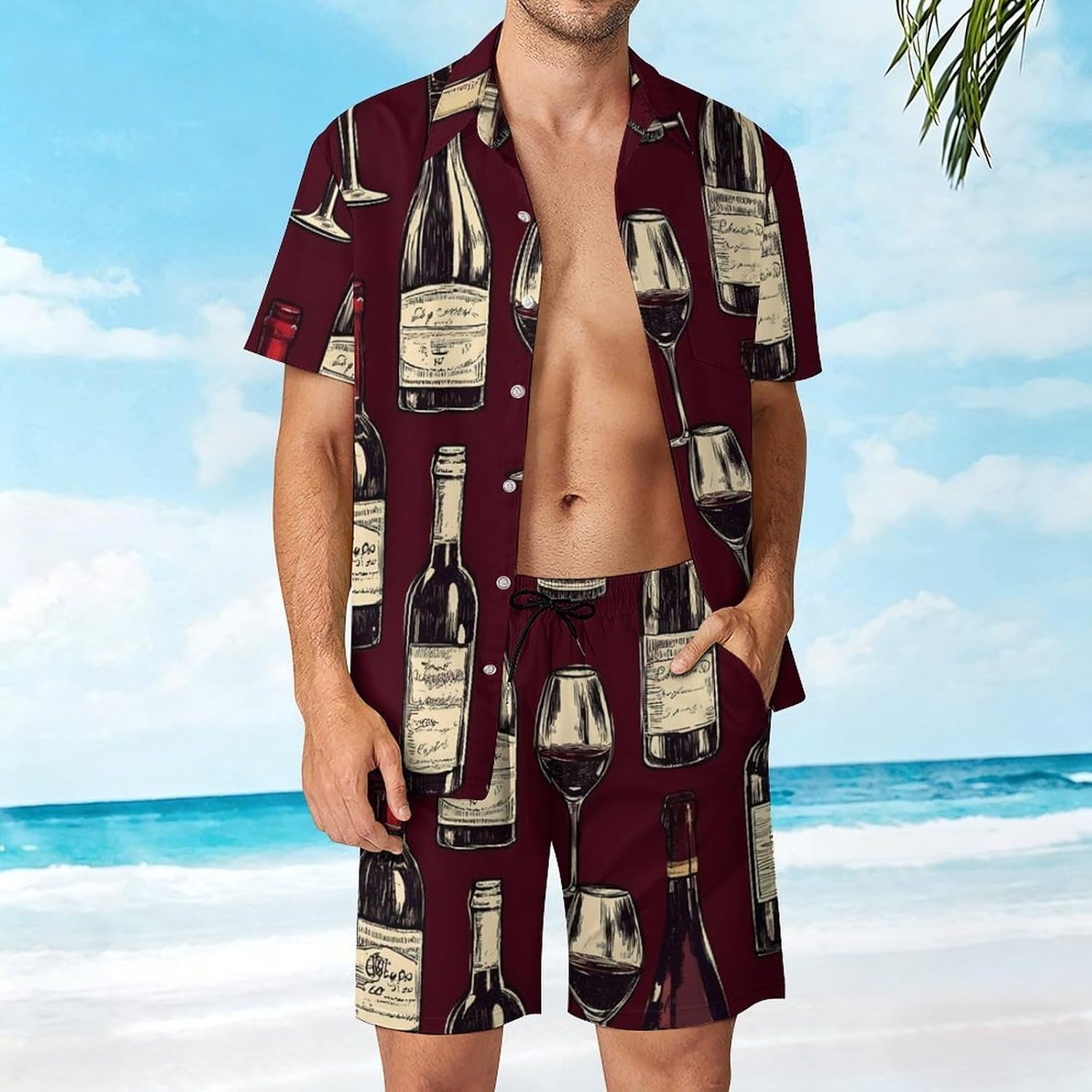 Red Wine Glass And Bottles Men's Summer Beach 2 Piece Outfits | hawaiian button down shirt and shorts,vacation cruise,mens bathing suit