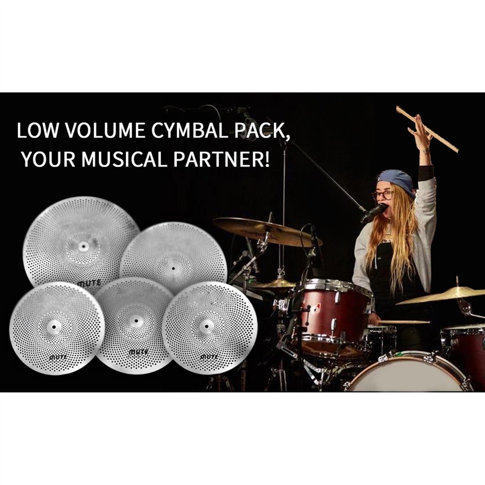 Set di 5 Piatti Muti 10 "Splash + 14" Hi-Hat + 16 "Crash + 20" Ride + Borsa per Batteria Jazz Piatti per Principianti