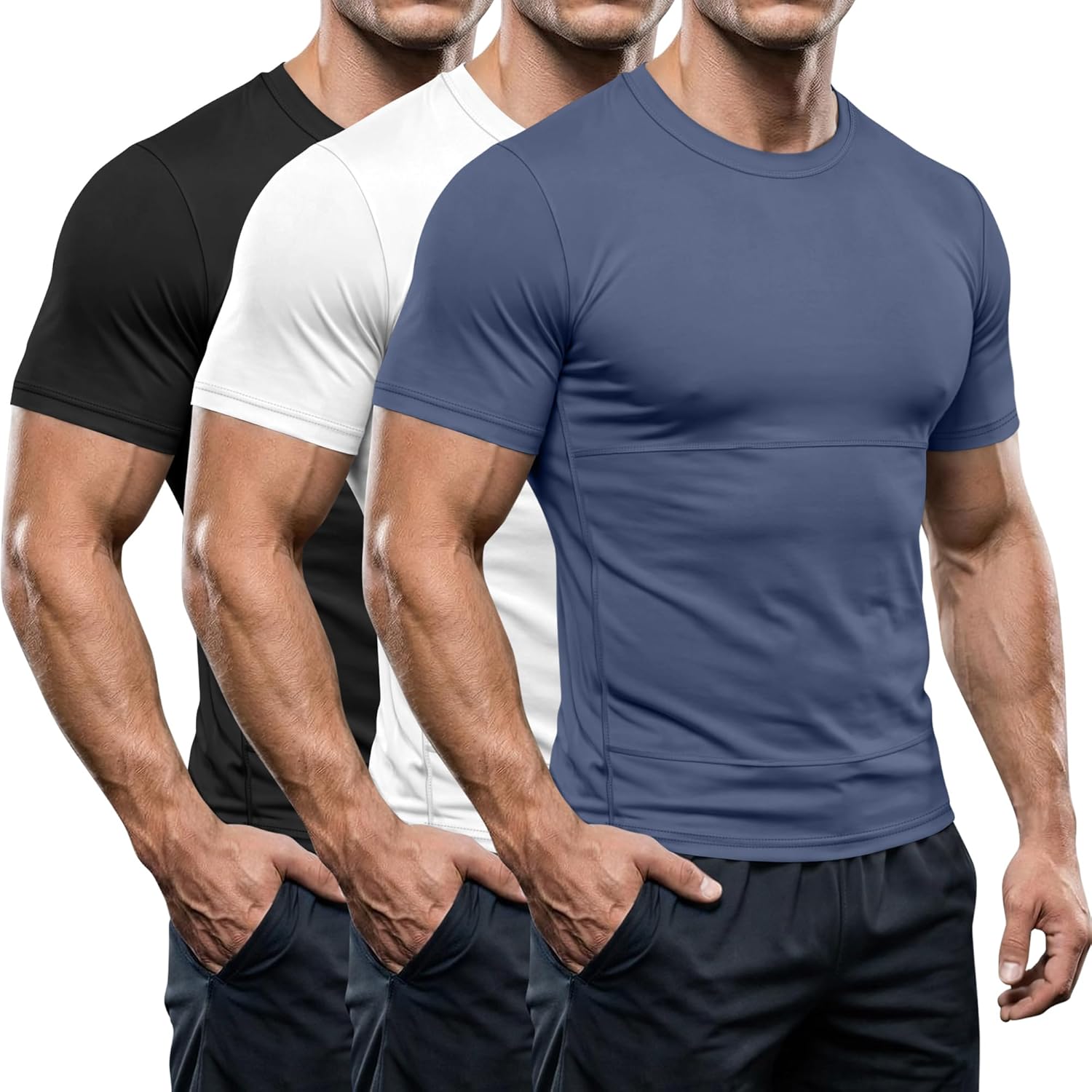 August Alley 3 Pack Men's Short Sleeve Shirts Athletic Sports Compression T-Shirts Workout Cool Dry Base Layer Undershirt