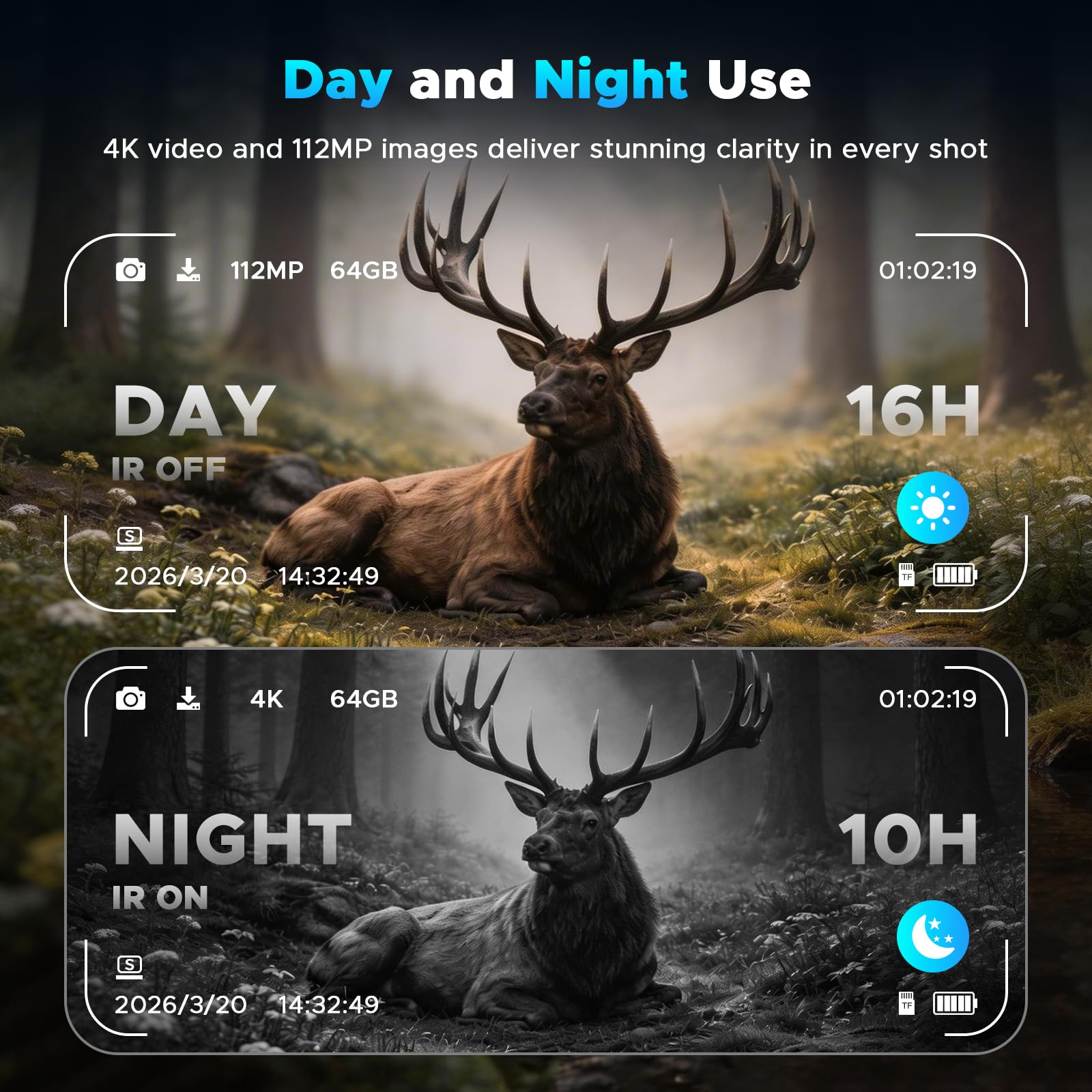 Gafas de visión nocturna, prismáticos de visión nocturna 4K de 112 MP para adultos con batería recargable de 5000 mAh, tarjeta de 64 GB, rango de visión de 1500 pies para observación de vida silvestre
