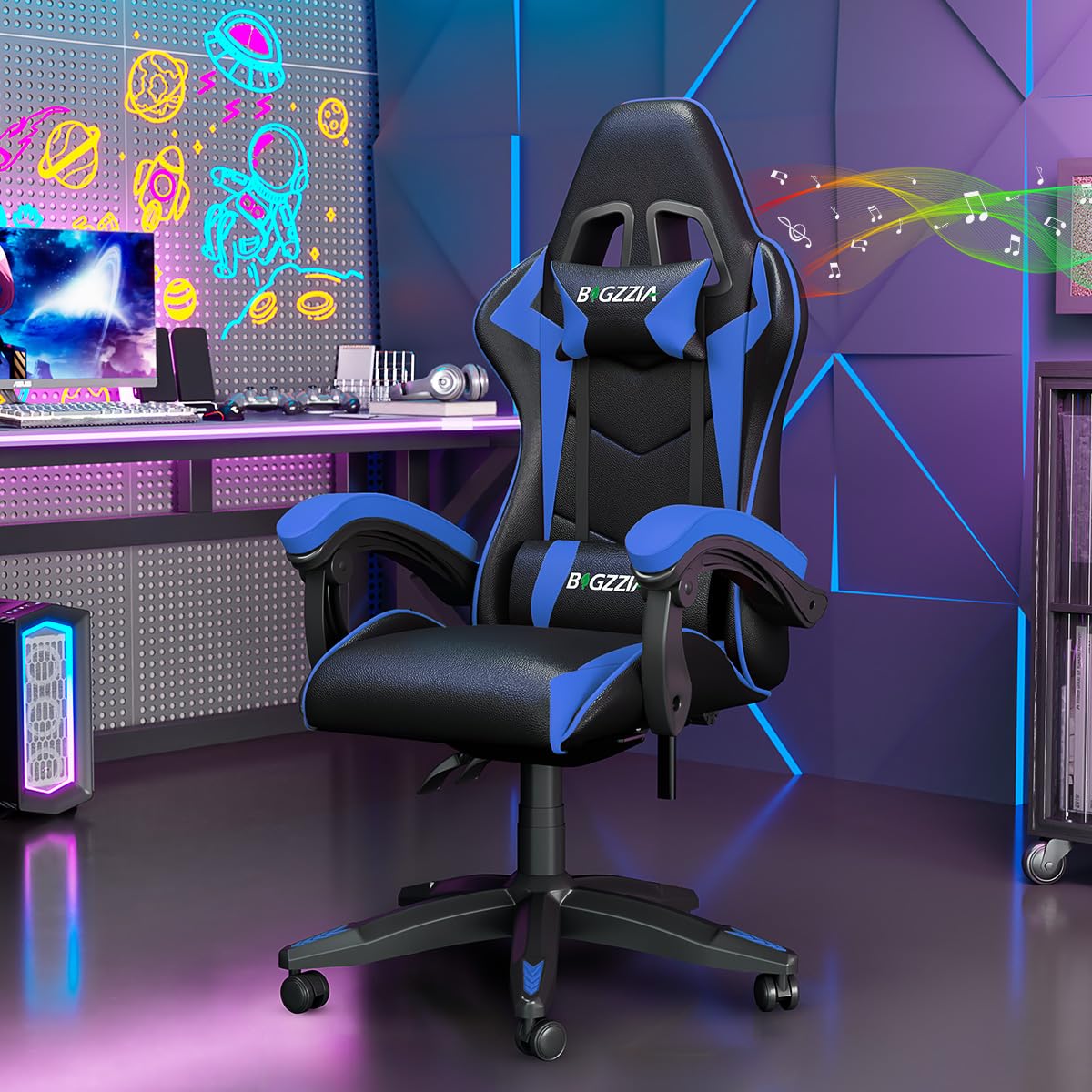 Racingreat Bluetooth Gaming Chair with Built-in Speakers | Ergonomic Adjustable Recliner for PC Gaming & Home Office | Lumbar Support, PU Leather(Bluetooth Speakers, Blue) — image 1