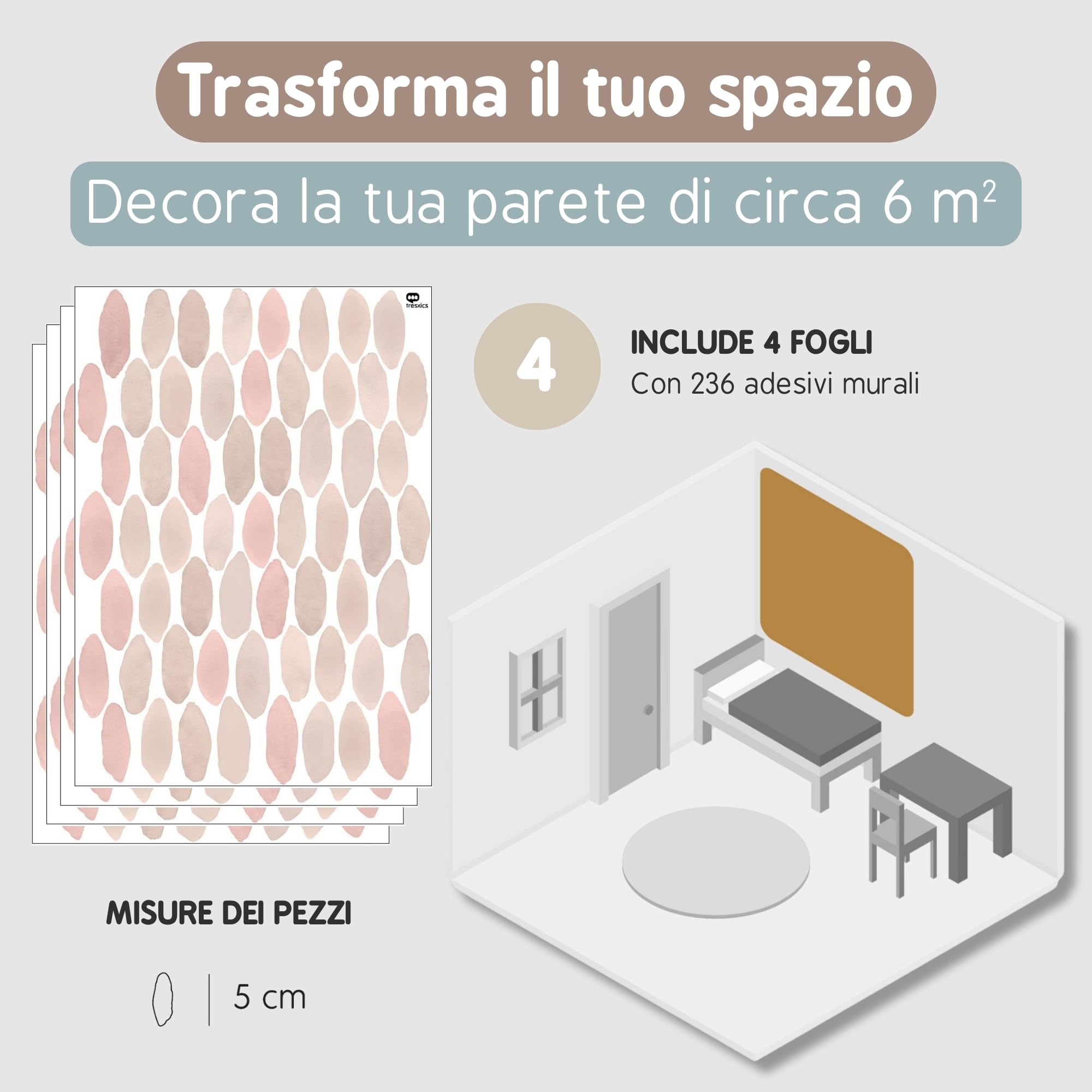 Adesivi Murali Bambini | Adesivi Cameretta Bambino Bimba Gocce Acquerello | Effetto Carta da Parati Adesiva | Copre 6 m² | 236 pezzi | TRESXICS (Rosa)