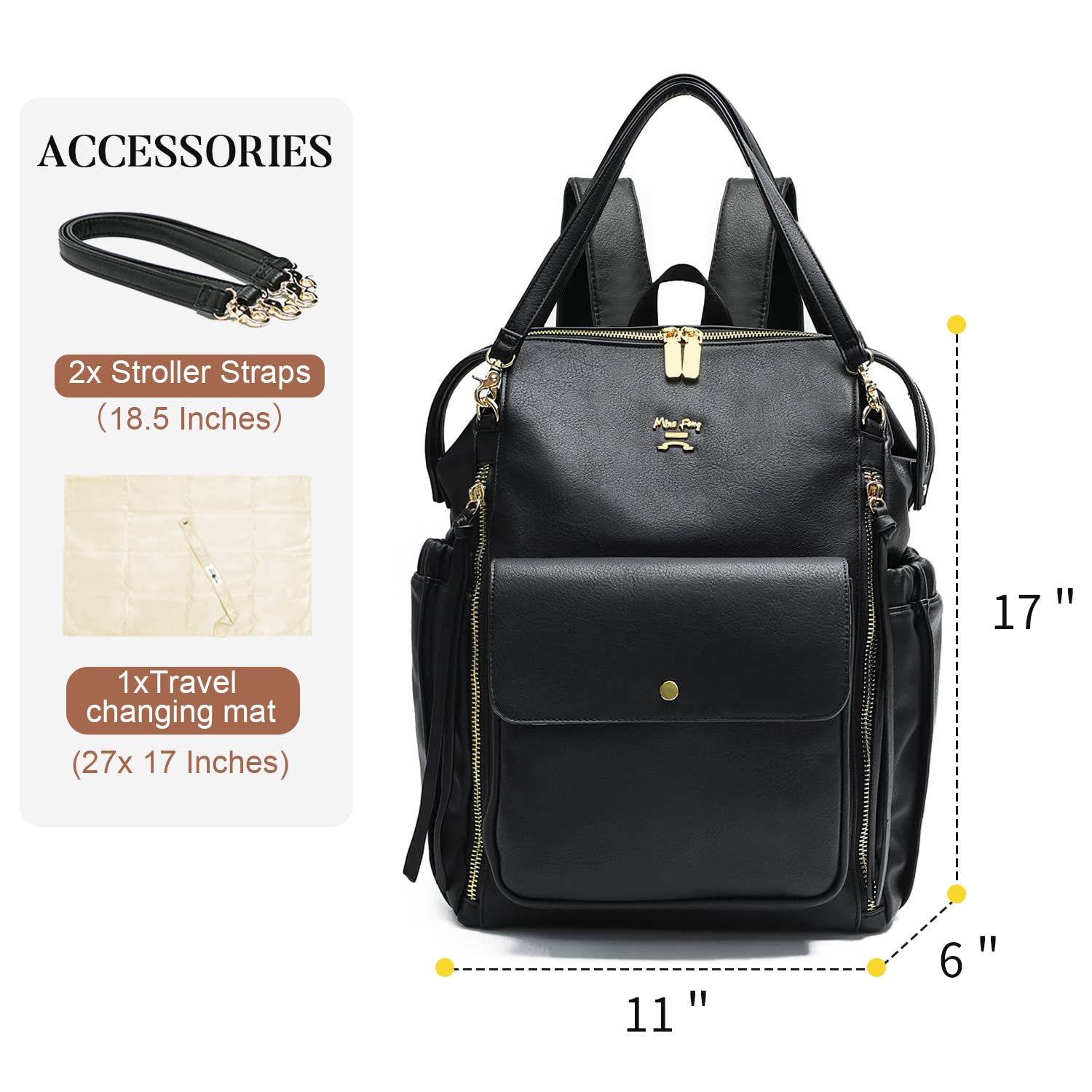 MISS FONG Baby-Wickeltasche, Rucksack, Wickelrucksack, Leder, Wickeltaschen mit Wickelunterlage, Babytaschen für Mama und Papa, mit Kinderwagengurten, isolierten Taschen