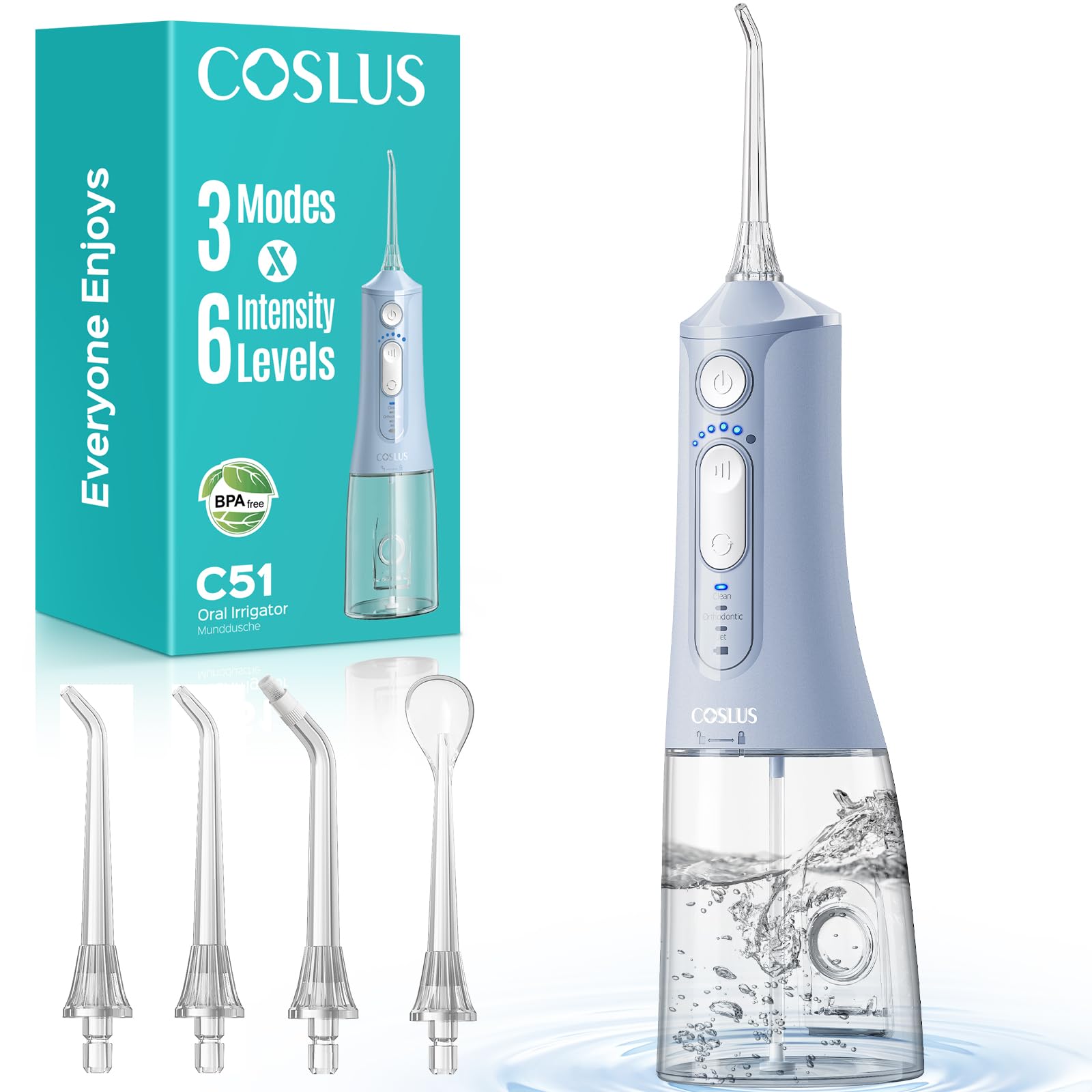 COSLUS C51 Munddusche Elektrische Kabellos Testsieger 2026: 3 Modi und 6 Druckeinstellungen - 300ML irrigator zähne für Oral Health Enthusiasten Benutzer mit empfindlichem Zahnfleisch - Blau