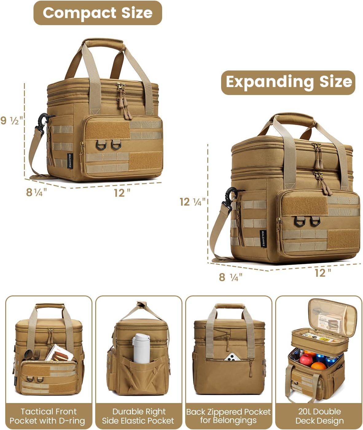 RalChyez Tactical Lunch Bag, 20L Large Heavy Duty Double Deck Insulated Lunch Box Leakproof Expandable Tote Cooler with Shoulder Strap for Adult Men Women Work Fishing Picnic Travel Tan - Image 3
