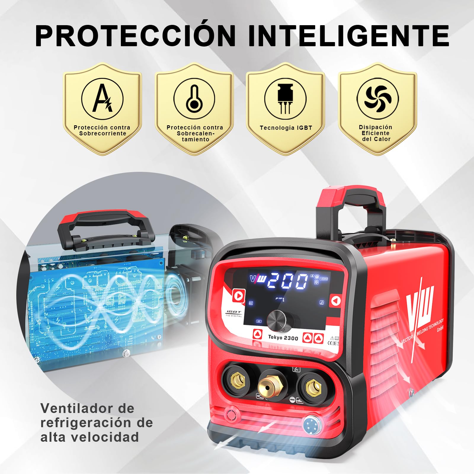 Máquina de soldadura Tig con 200 amp y función de soldadura por electrodo de 170 amp | Función de pulso - preflujo y postflujo de gas - subida y bajada de corriente - Tokyo 2300 de Vector Welding