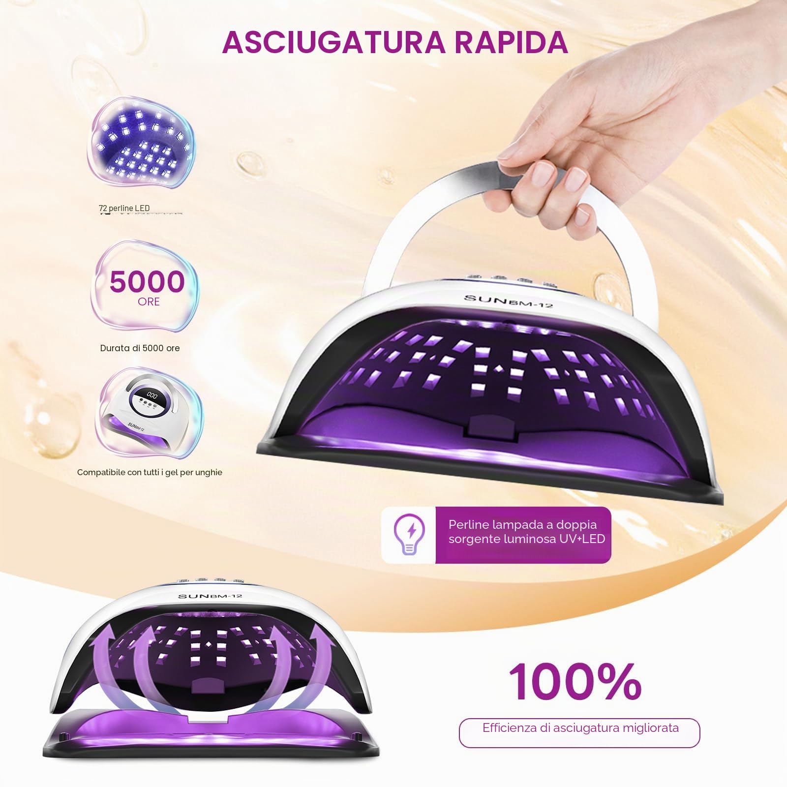 Lampada per unghie UV LED da 300 W, asciuga unghie professionale, smalto gel, luce UV per unghie con 72 perline, 4 impostazioni timer, sensore automatico, display LCD