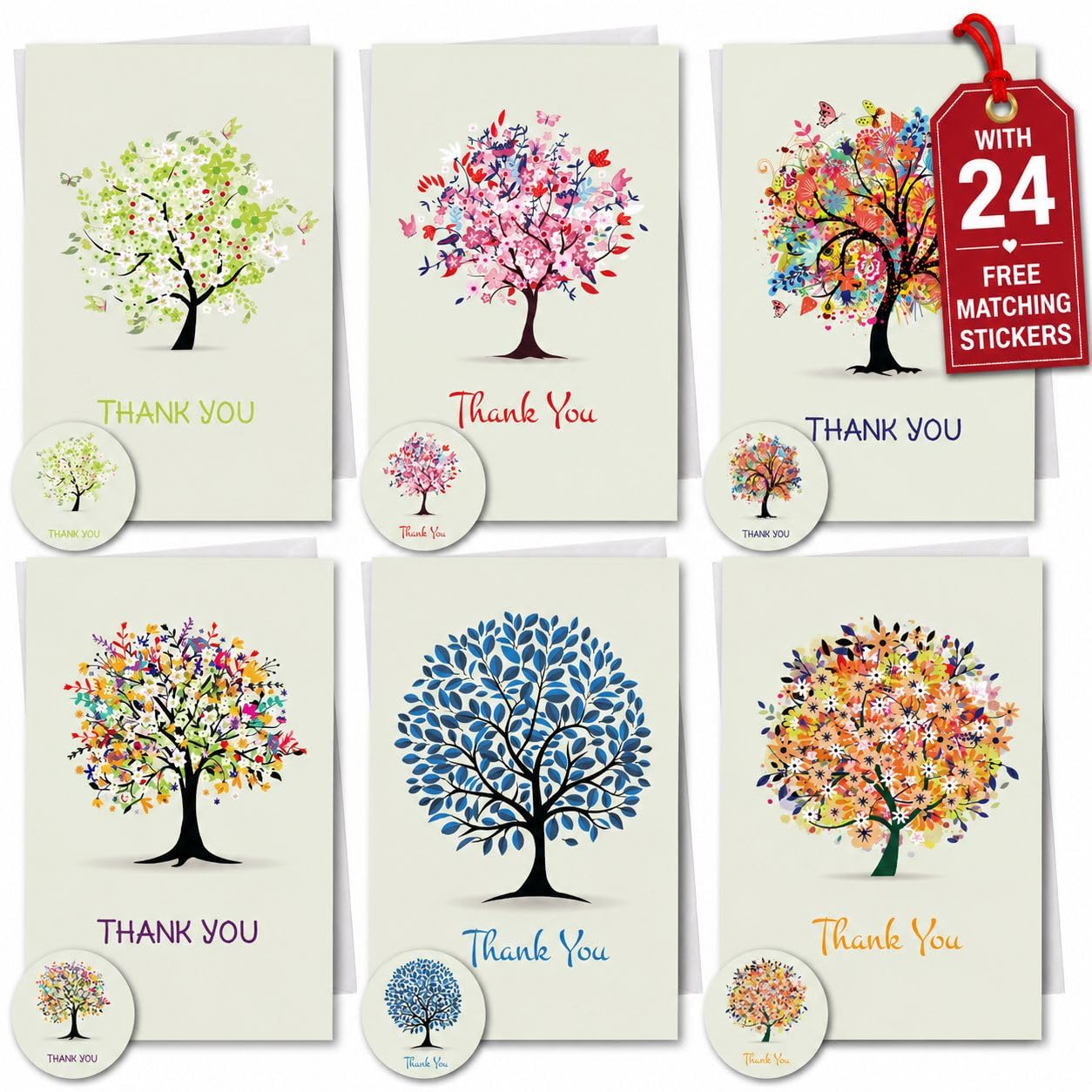 SIMPLY GIFTED Thank You Cards Multipack of 12/24 with Envelopes & Matching Thank You Stickers -6 Tree Designs 10x15cm Blank Inside No-Smudge Writing -Thankyou Cards for Teachers Kids -Made in UK