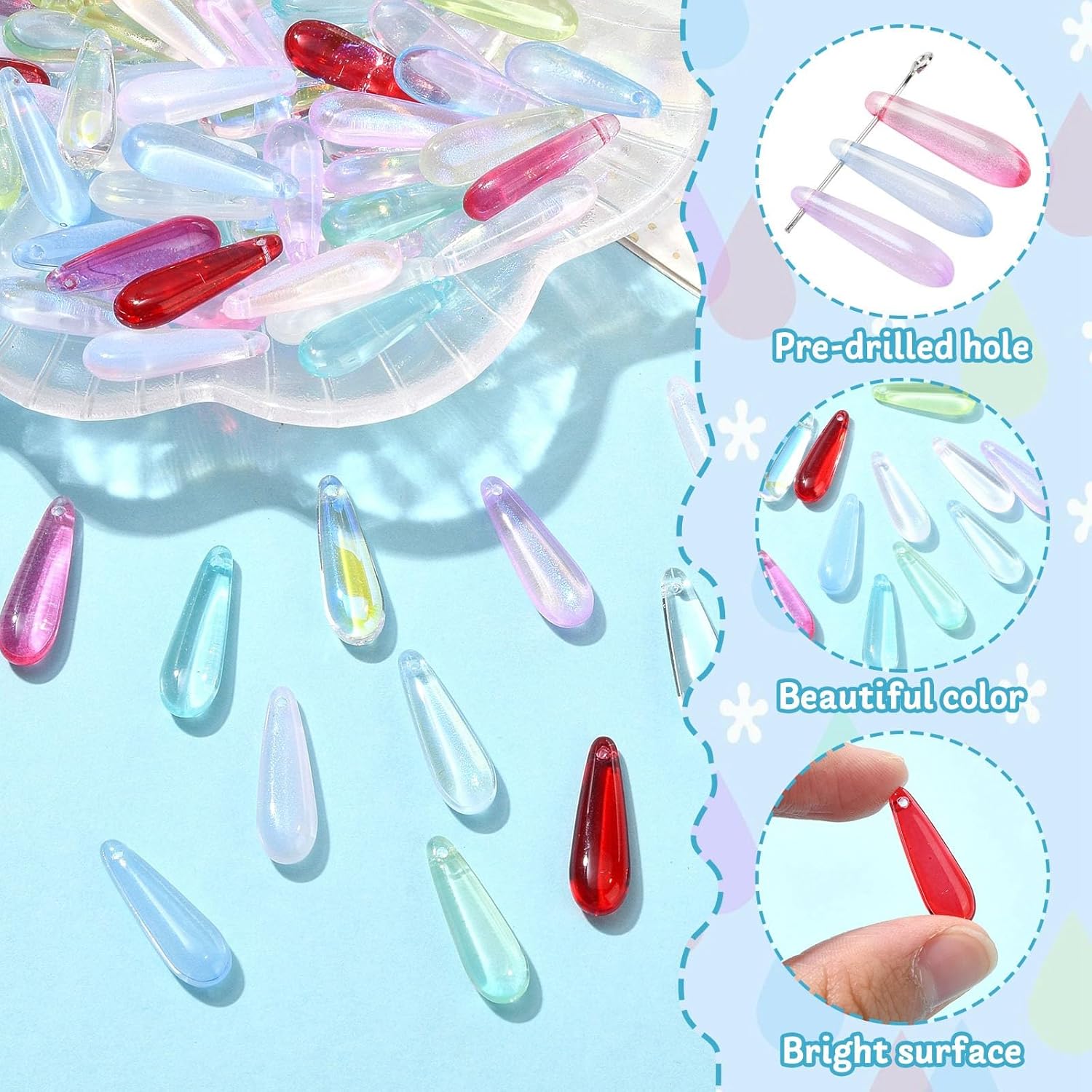 DanLingJewelry 100Pcs Random Color Glass Teardrop Pendants Long Drop Beads Crystal Clear Dangle Charms for Jewelry Making Necklace Bracelet Earrings - Image 3